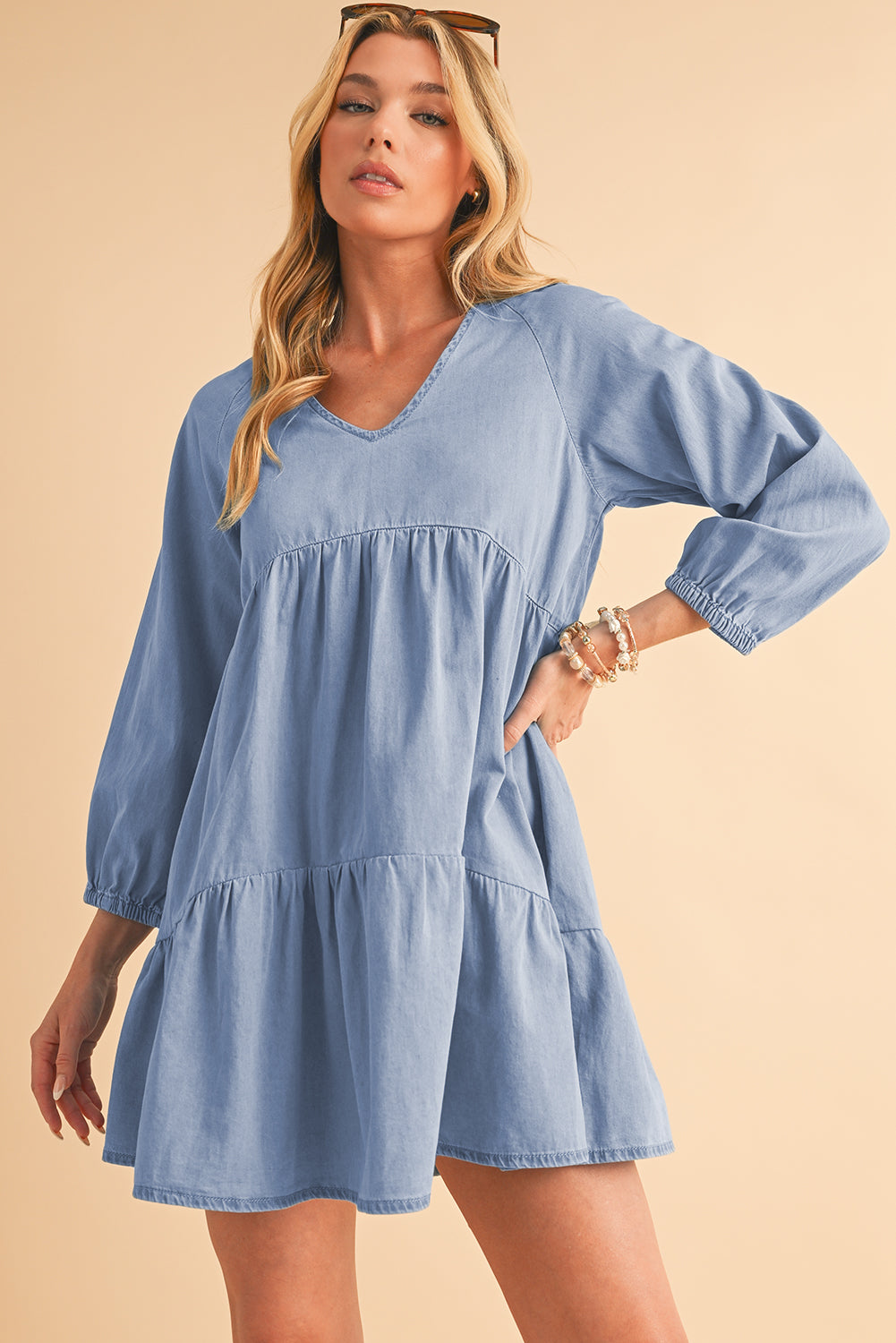 Black Puff Sleeve V Neck Tiered Ruffled Chambray Mini Dress