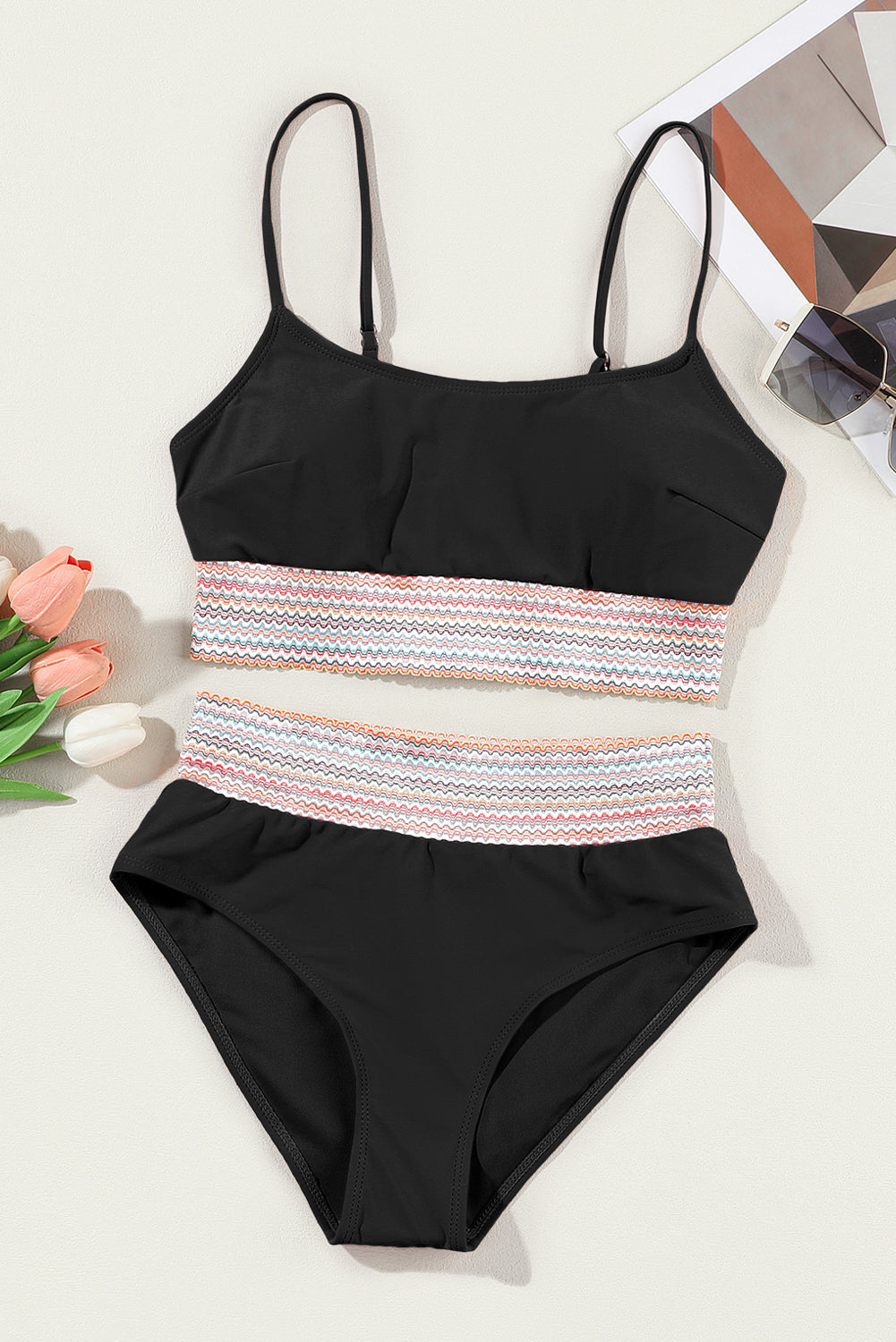 Rose Striped Patchwork Spaghetti Strap High Waist Bikini Set