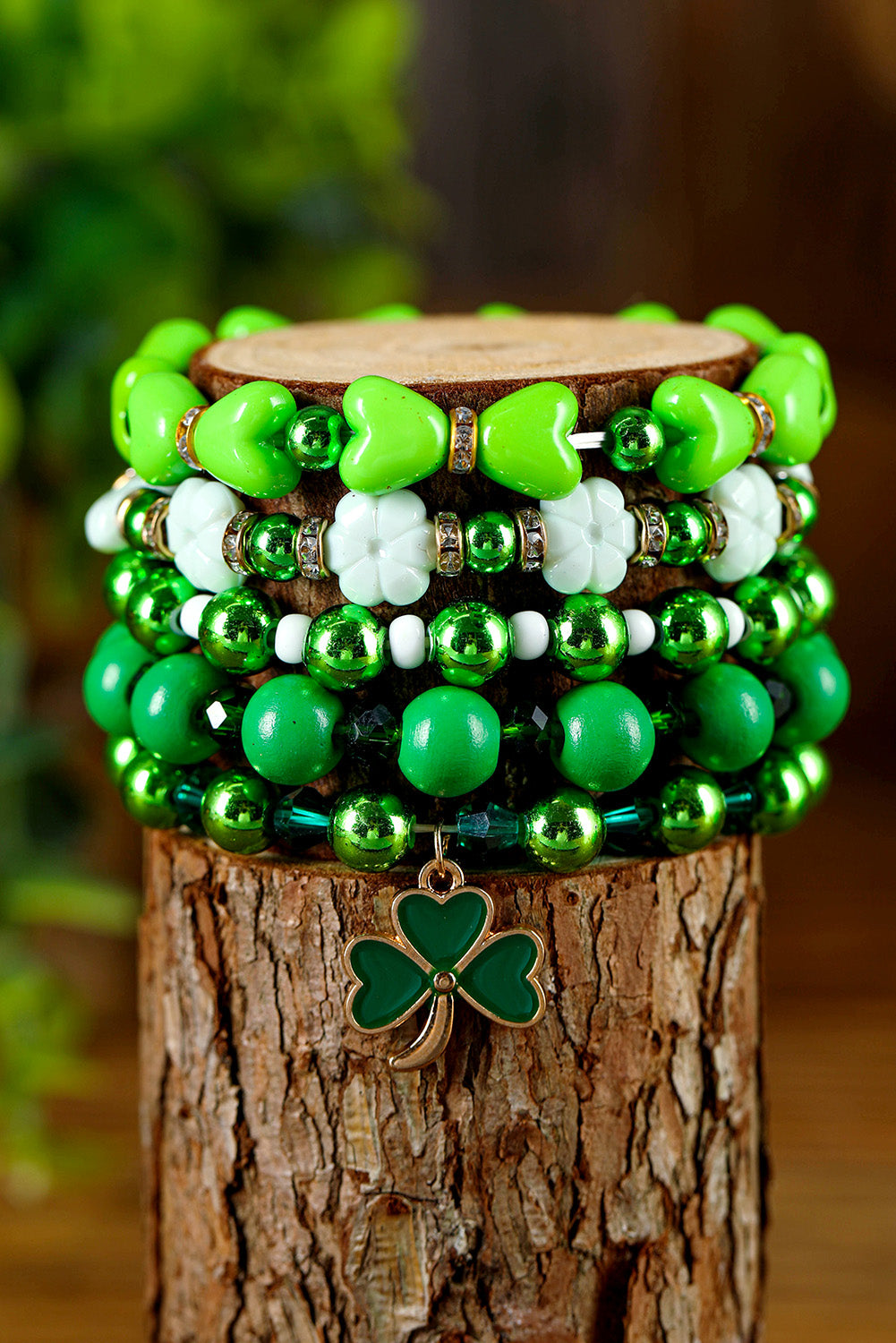 Green St Patricks Day 5pcs Clover Pendant Beaded Bracelet Set