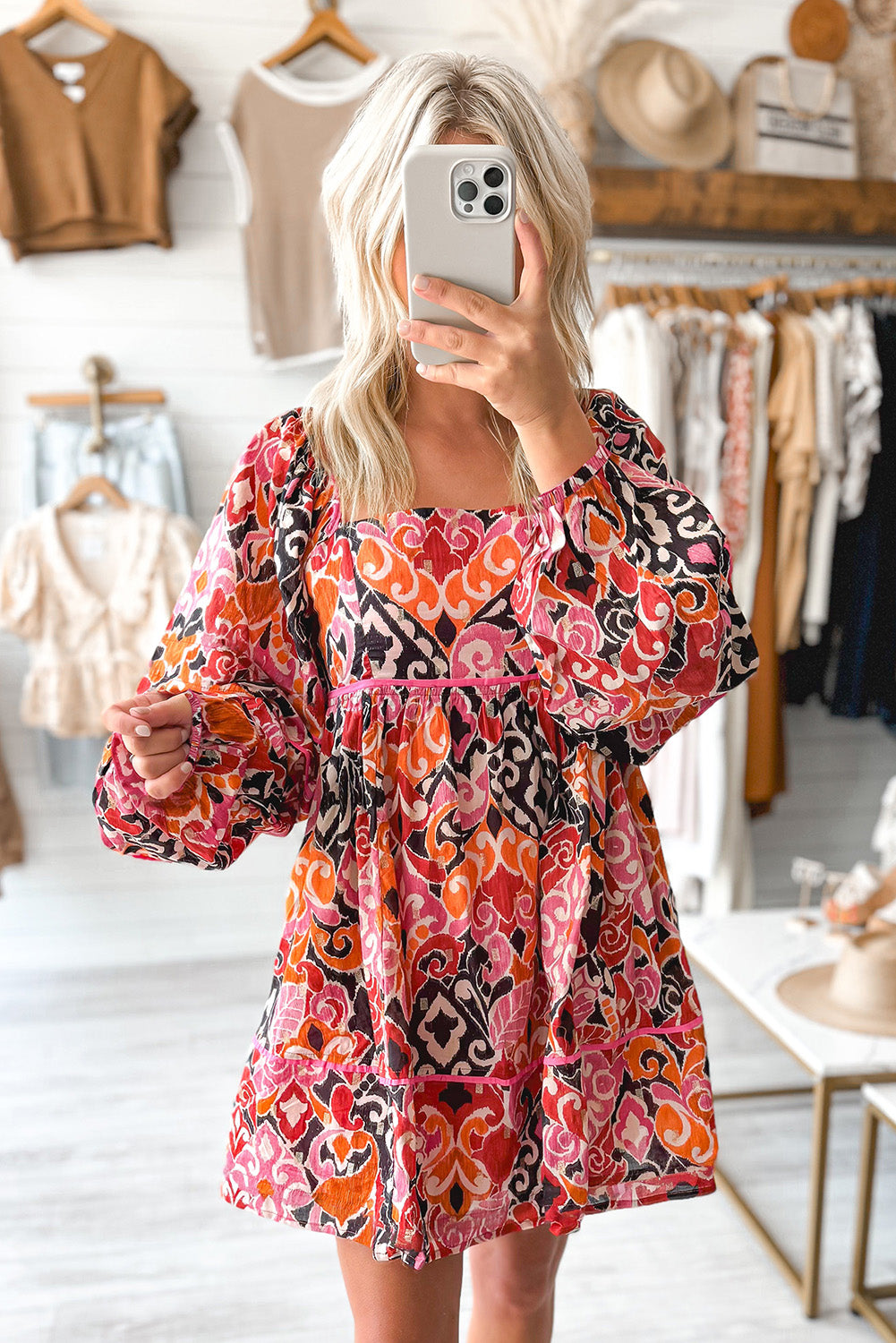 Pink Geometric Print Square Neck Puff Sleeve Mini Dress