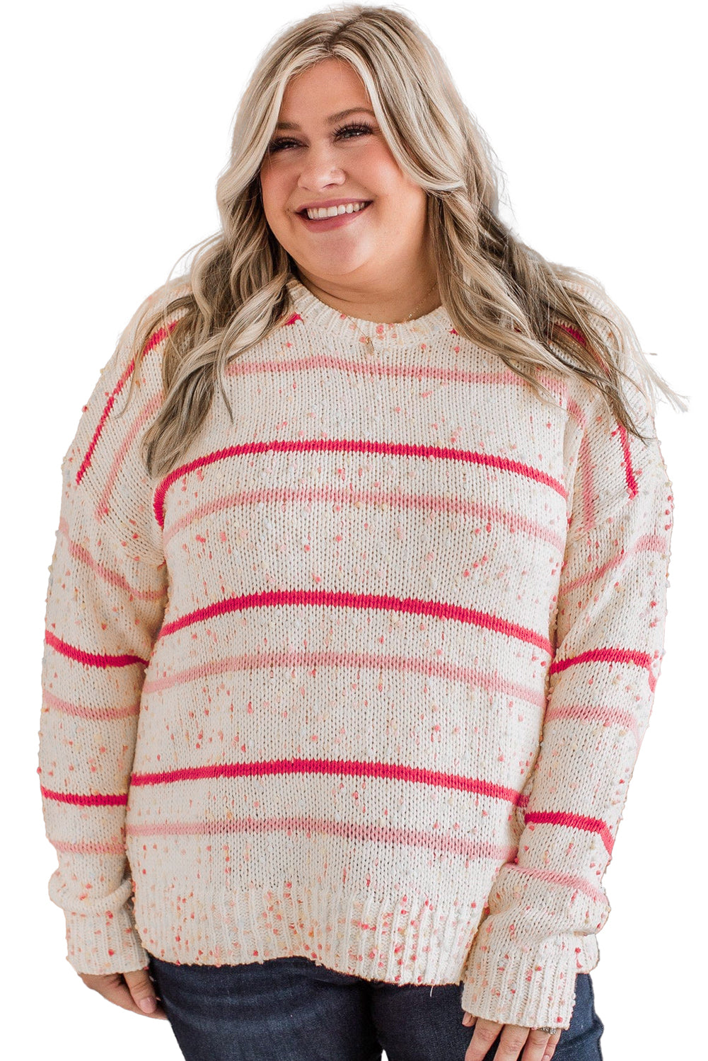 Pink Stripe Drop Shoulder Side Split Plus Size Sweater