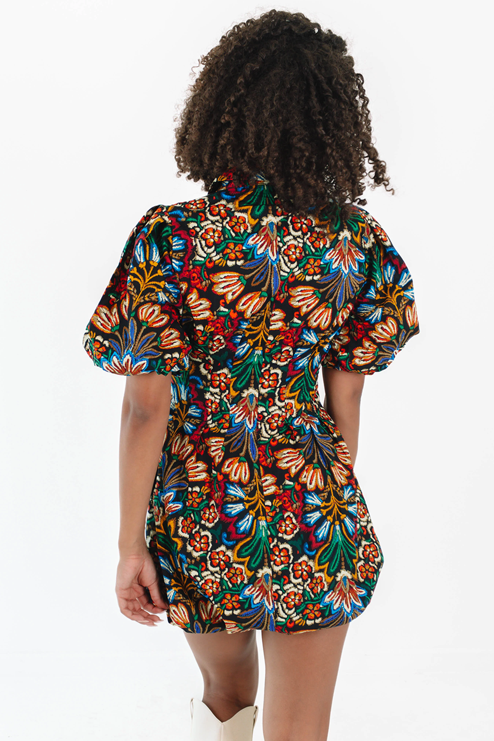 Multicolour Bohemian Floral Bubble Sleeve Dress