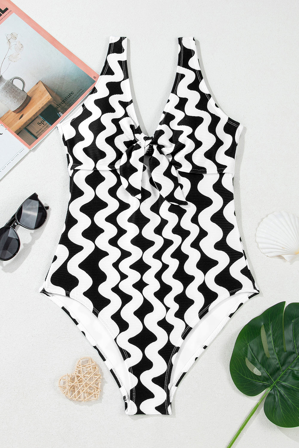 Black Wave Striped Knot V Neck Backless One Piece Swimsuit