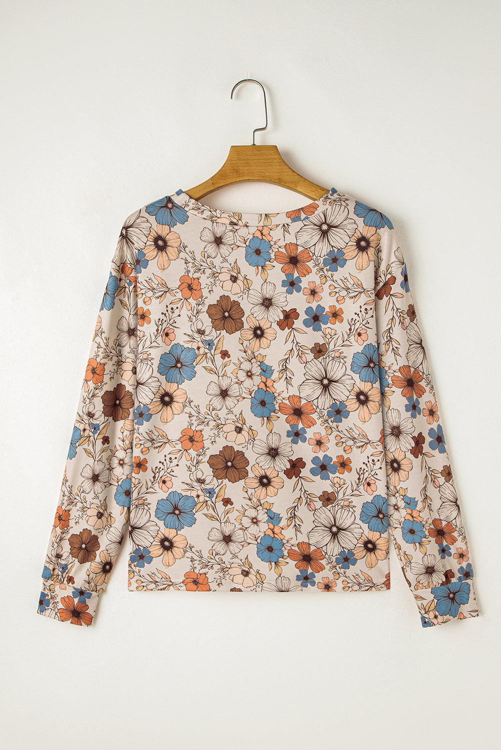 Khaki Allover Floral Print Crew Neck Long Sleeve Top