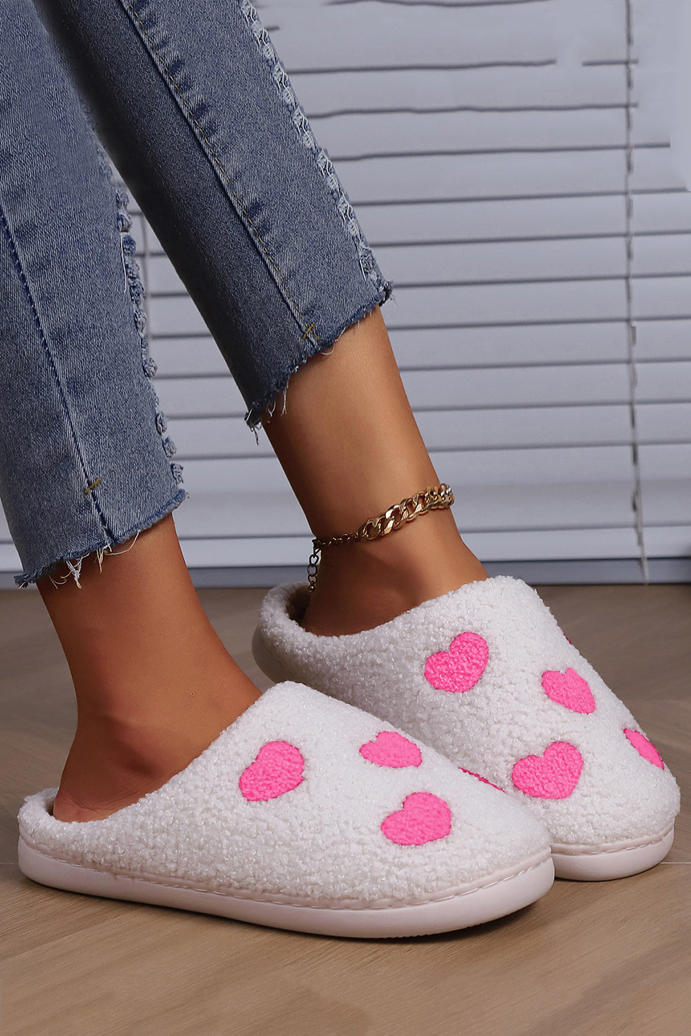 White Valentines Day Hearts Print Plush Slippers