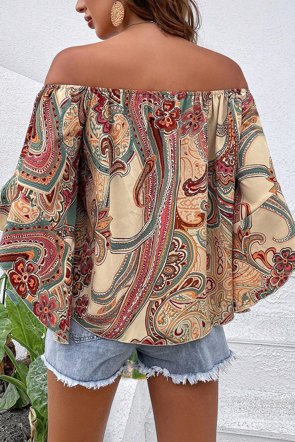 Apricot Paisley Print Shirred Off Shoulder Ruffle Half Sleeve Blouse