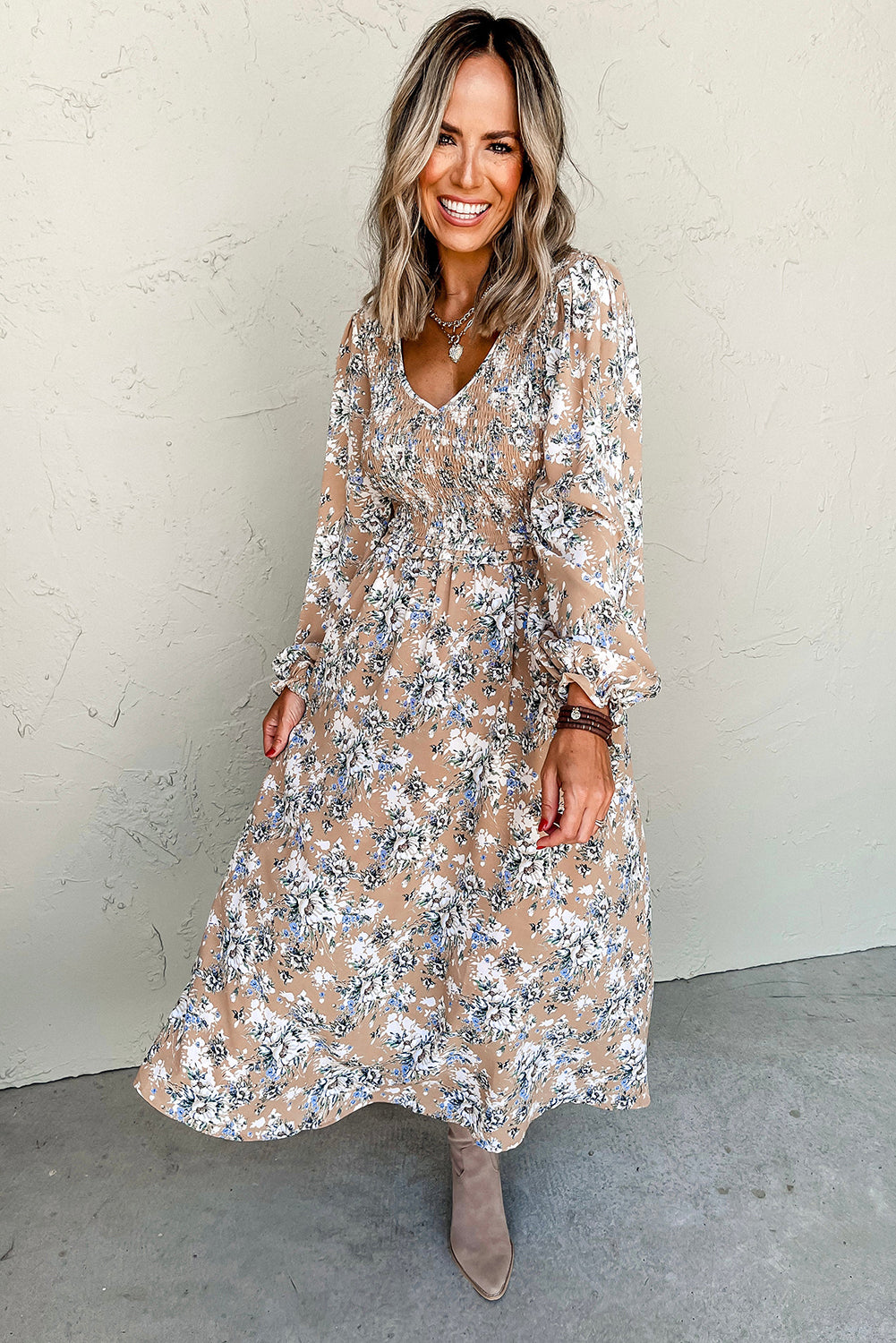 Khaki Floral Smocked Puff Sleeve Maxi Dress