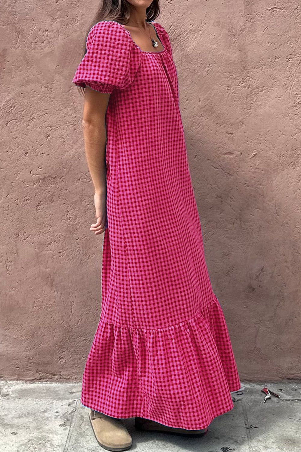 Rose Plaid Square Neck Puff Sleeve Maxi Dress