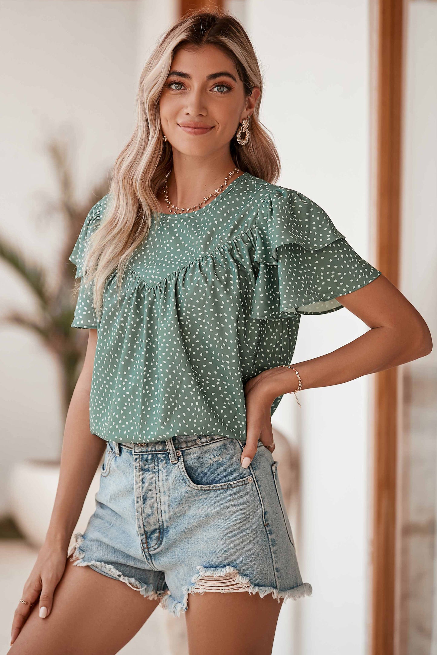 Laurel Green Spotted Print Pleated Ruffle Sleeve Blouse