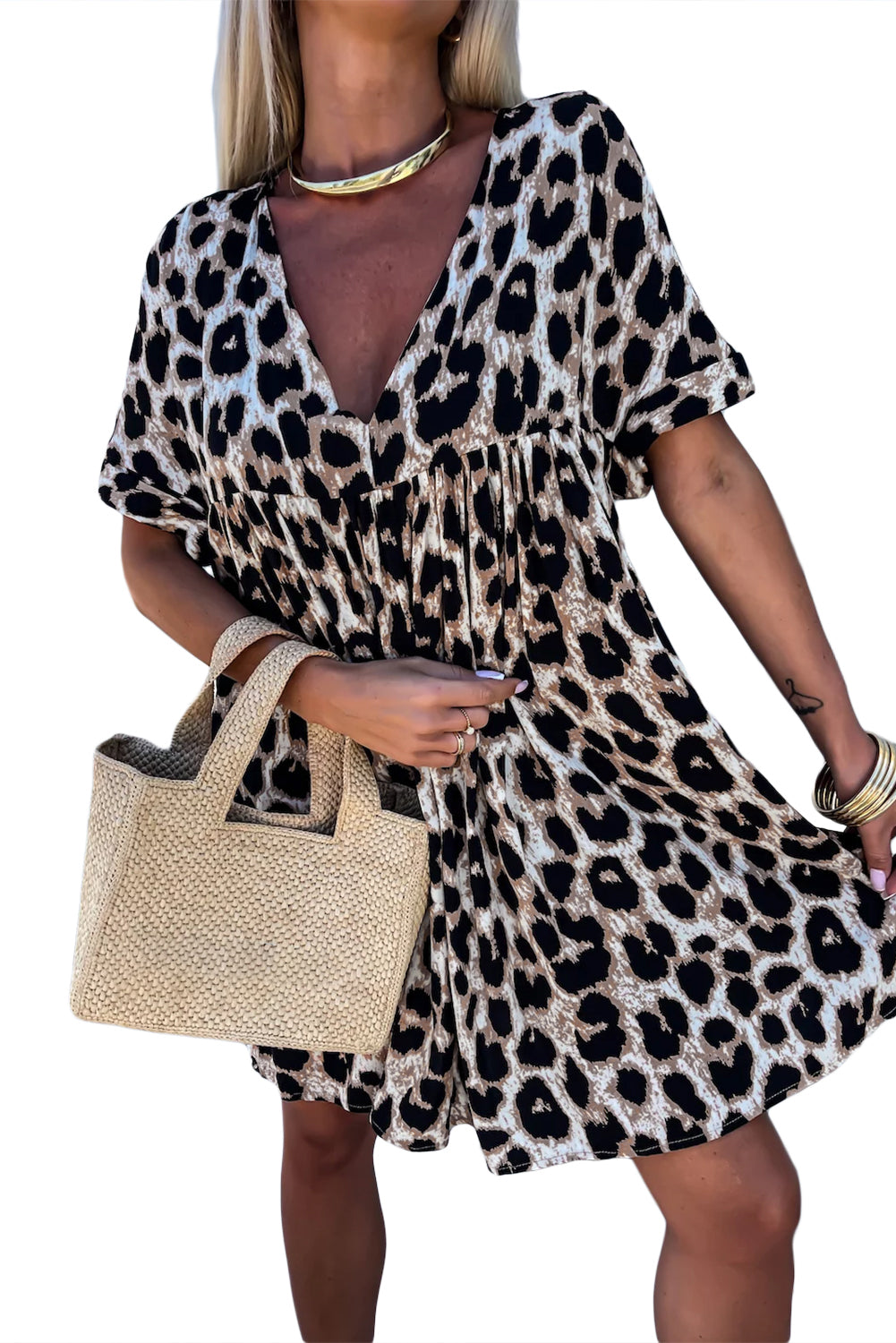 Khaki Leopard Print Backless V Neck Loose Fit Mini Dress