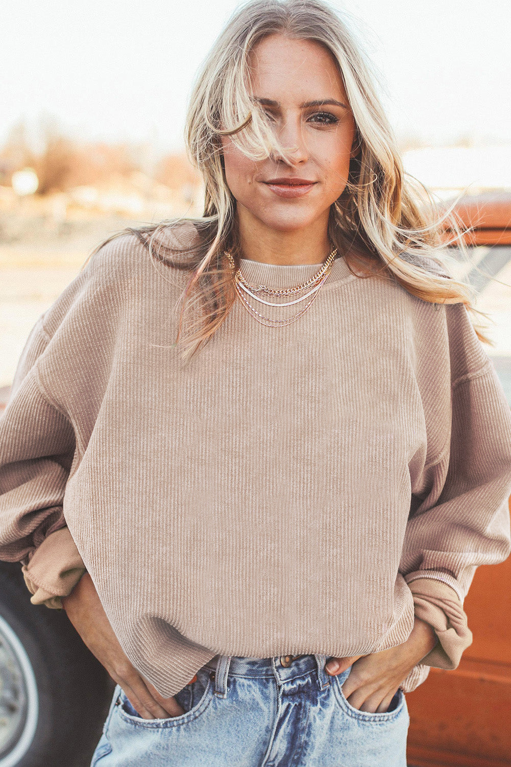 Apricot Drop Shoulder Crinkle Rib Oversized Sweatshirt