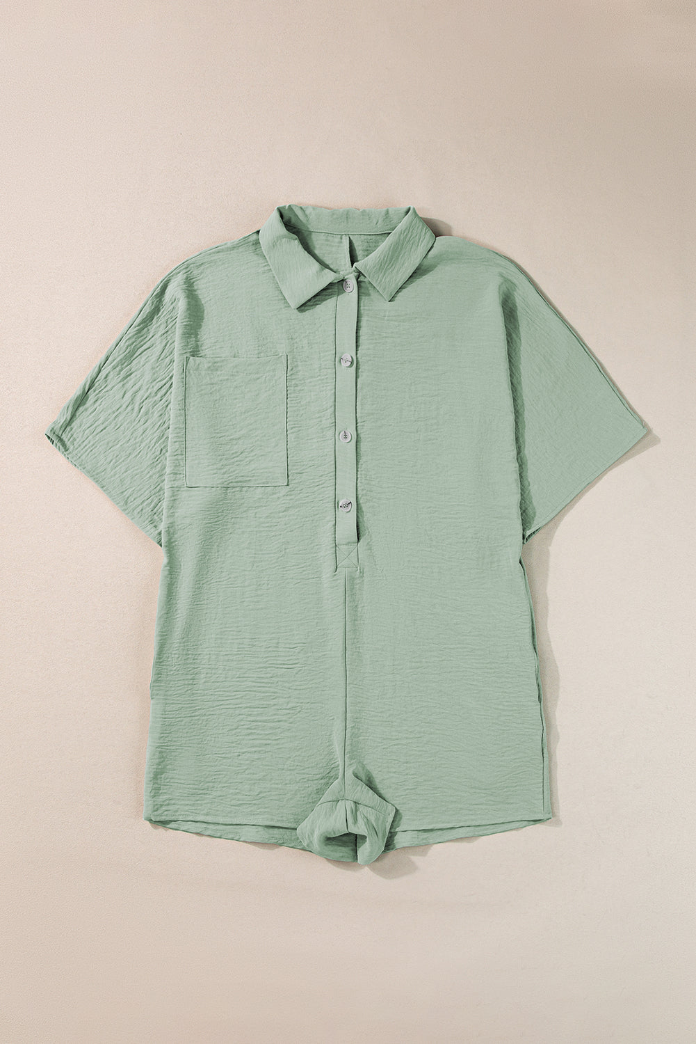 Spinach Green Plain Half Button Collared Pocket Loose Romper