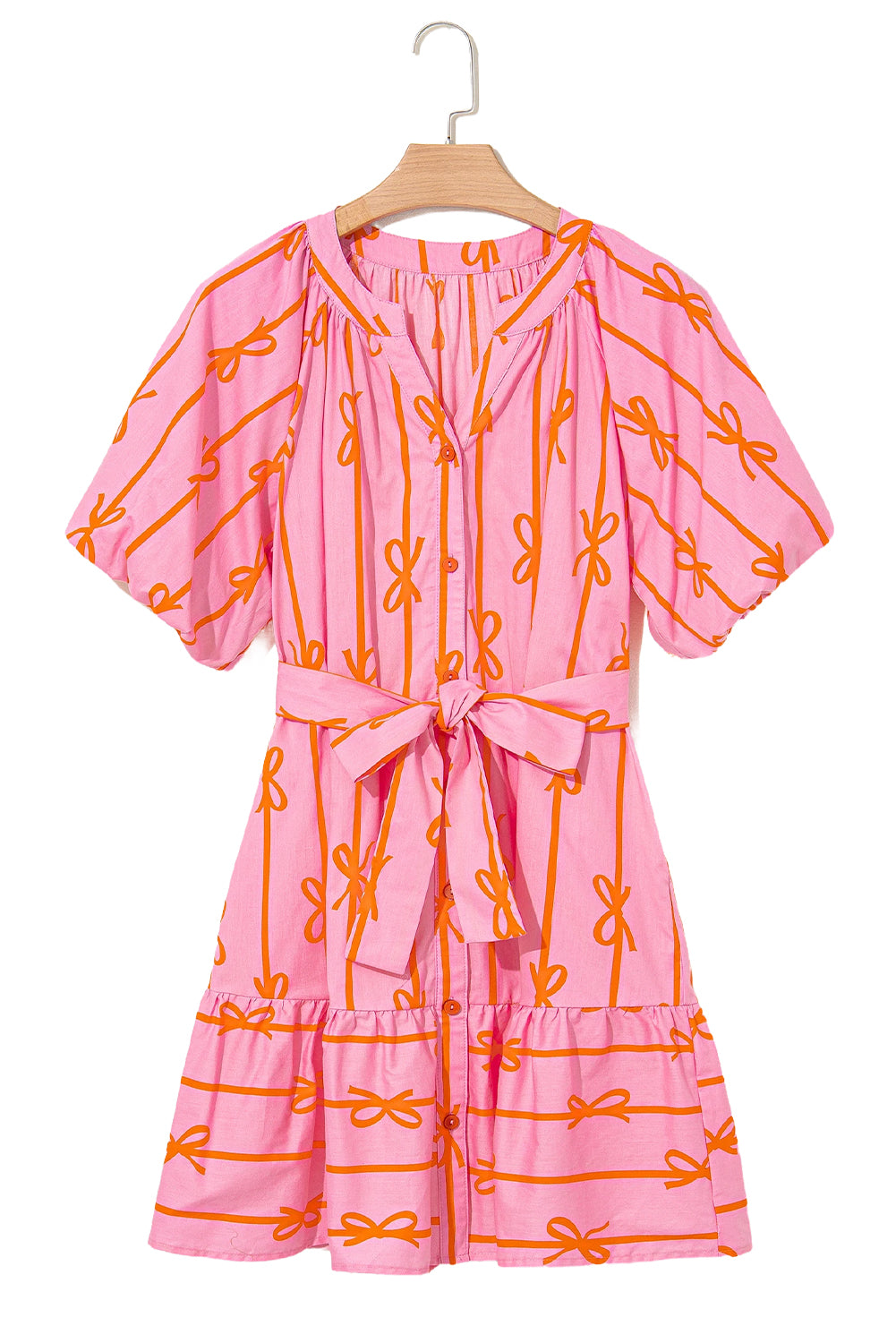 Pink Bowknot Striped Printed Bubble Sleeve Buttoned Belted Mini Dress