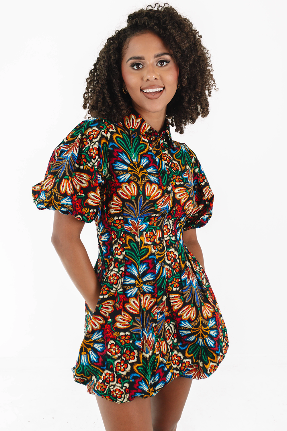 Multicolour Bohemian Floral Bubble Sleeve Dress