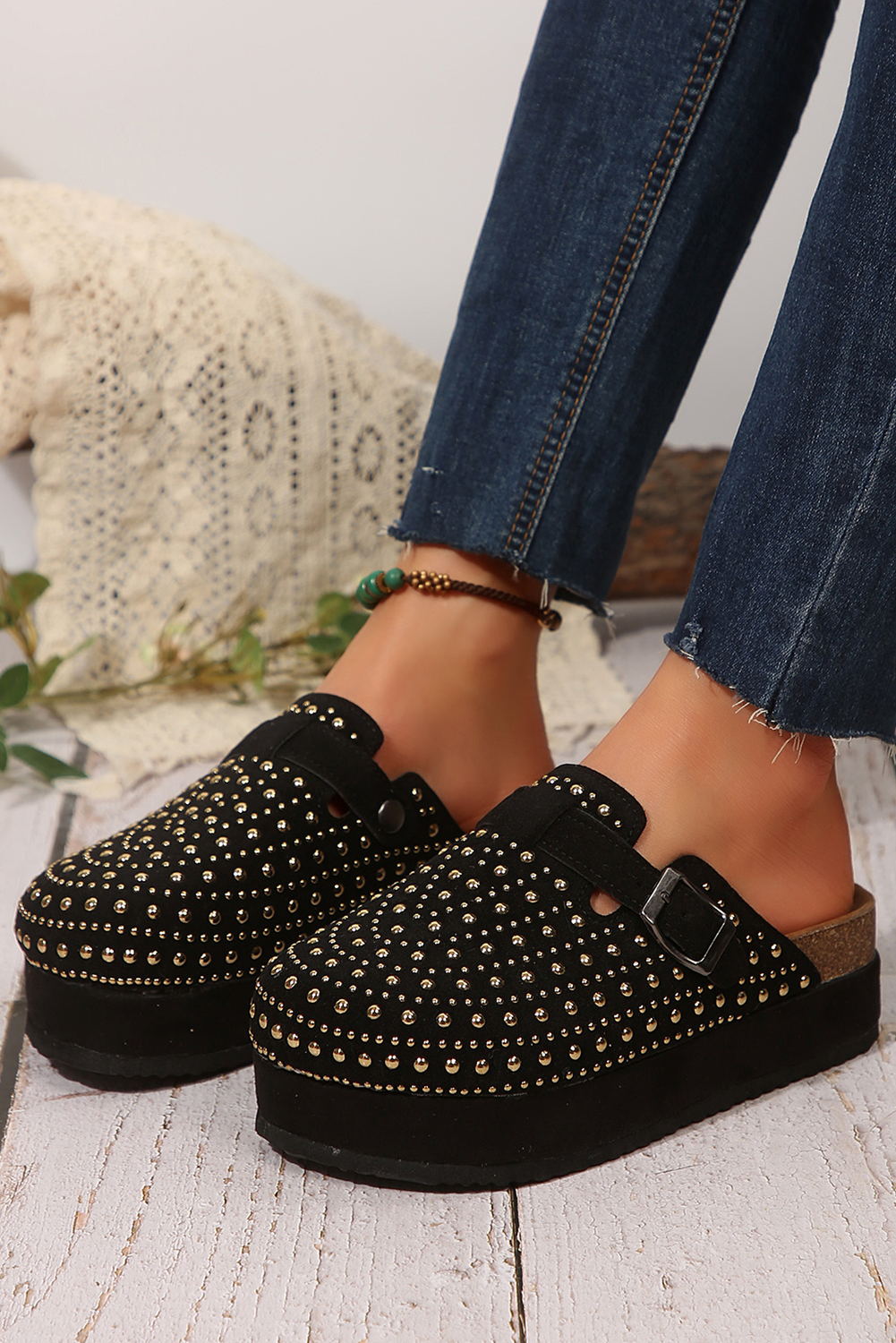 Parchment Vintage Studded Platform Slippers