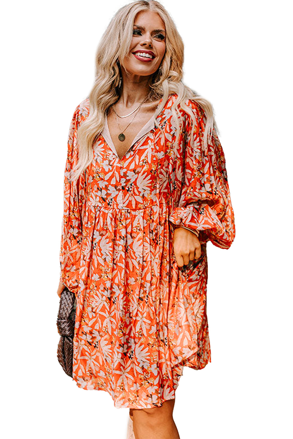 Orange Floral Print Split V Neck Bubble Sleeve Plus Size Midi Dress