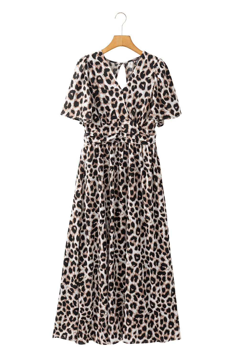 Khaki Leopard V Neck Cinched High Waist Open Back Maxi Dress