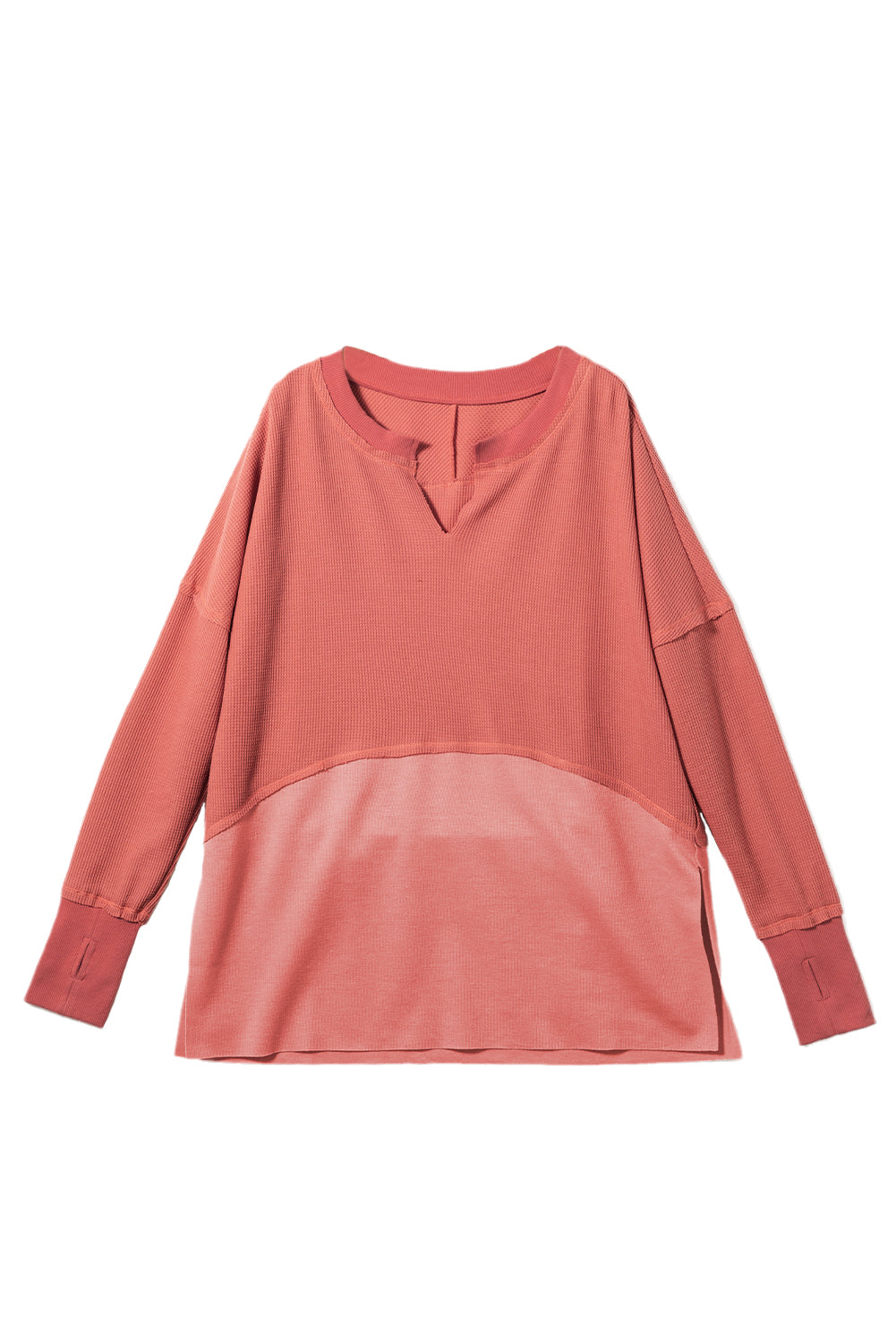 Mineral Red Waffle Knit Patchwork Exposed Seam Long Sleeve Top