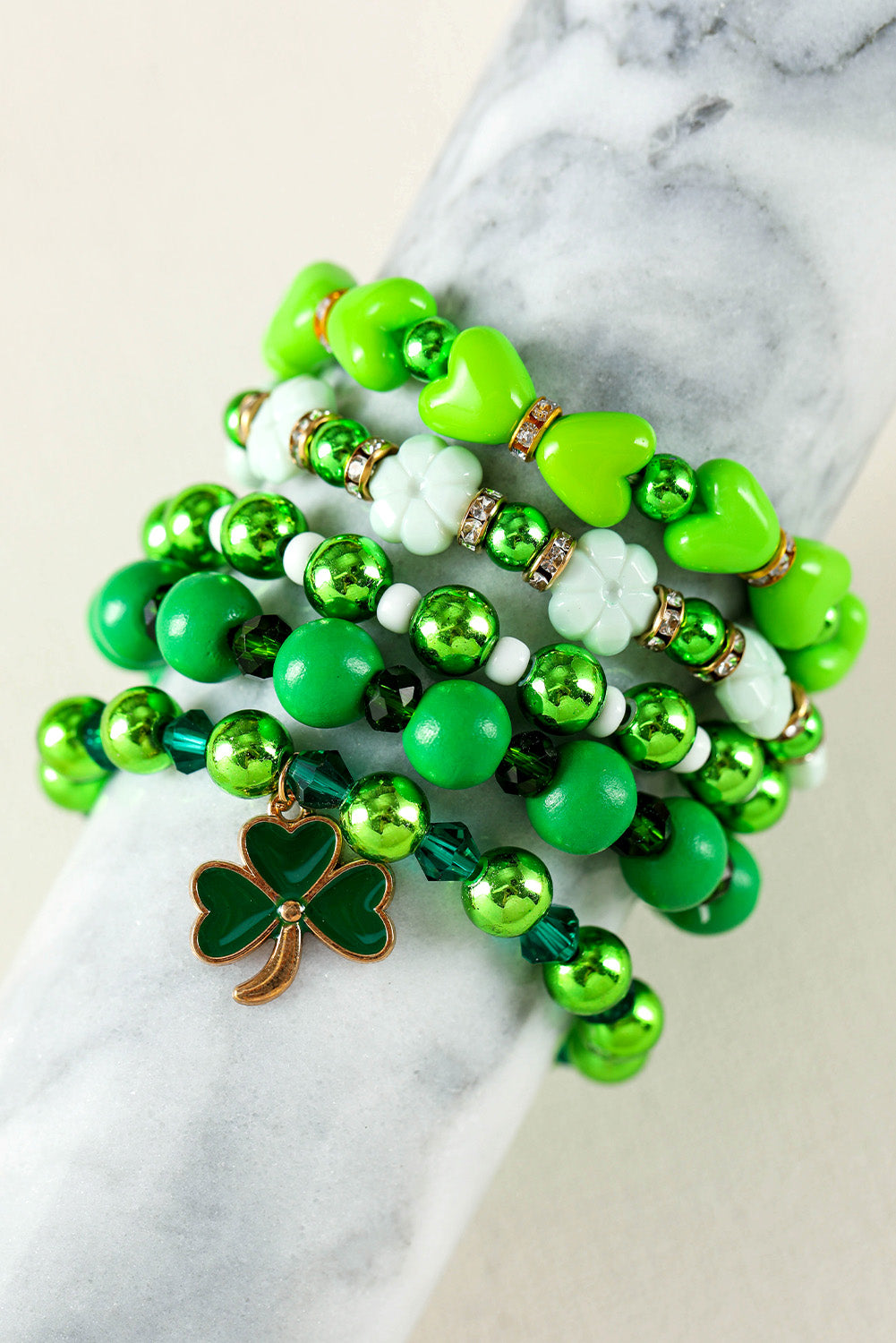 Green St Patricks Day 5pcs Clover Pendant Beaded Bracelet Set