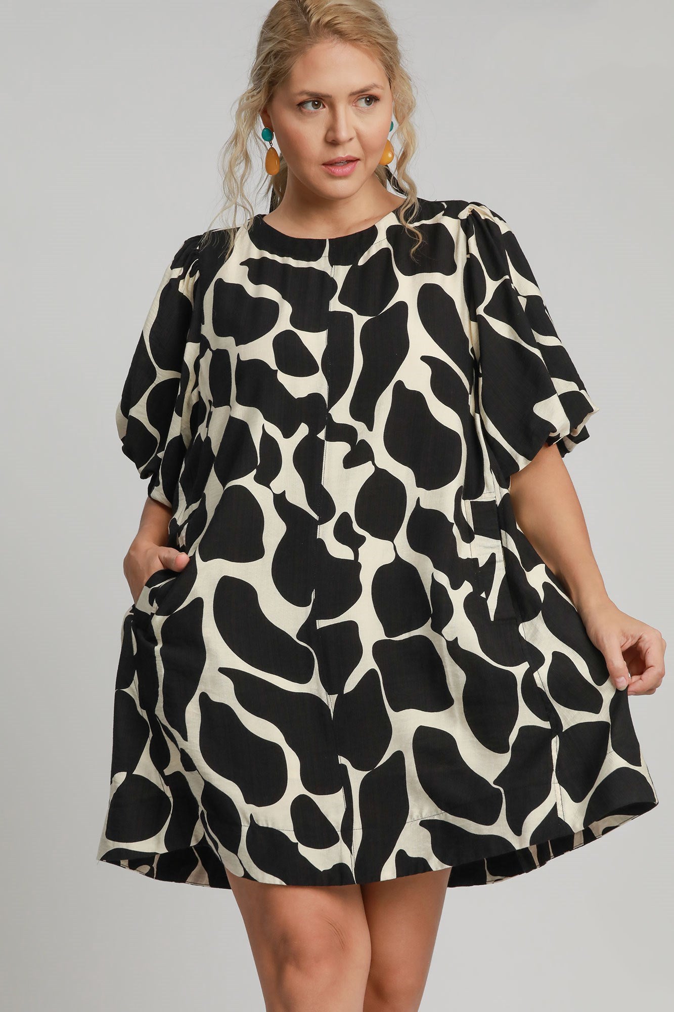 Umgee Full Size Two Tone Abstract Print Puff Sleeve Dress Plus Size