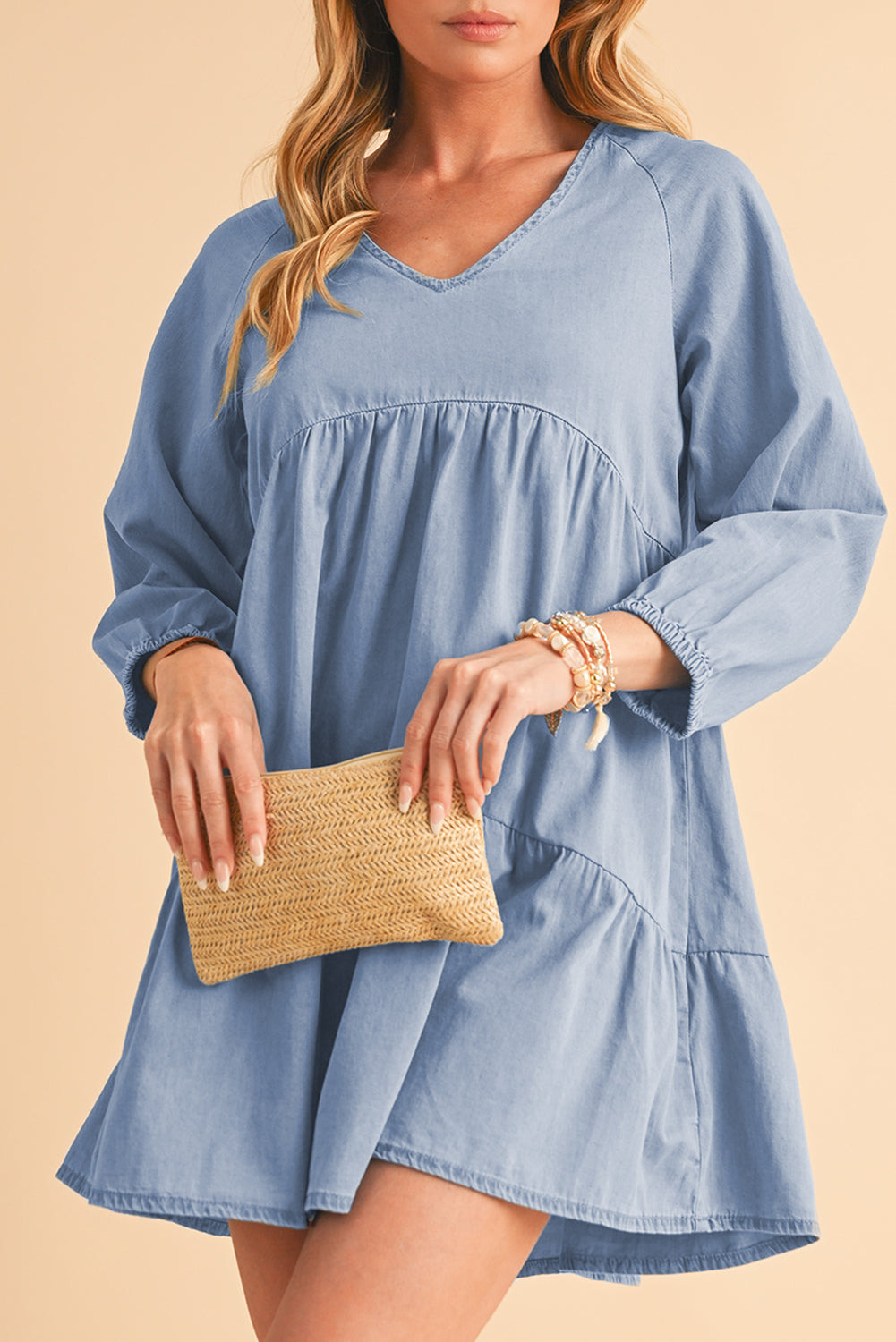 Black Puff Sleeve V Neck Tiered Ruffled Chambray Mini Dress