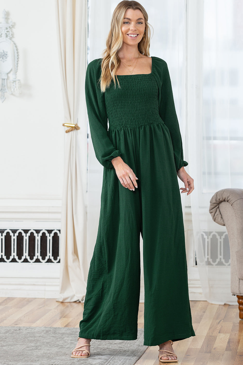 Green Smocked Square Neck Long Sleeve Wide Leg Jumpsuit