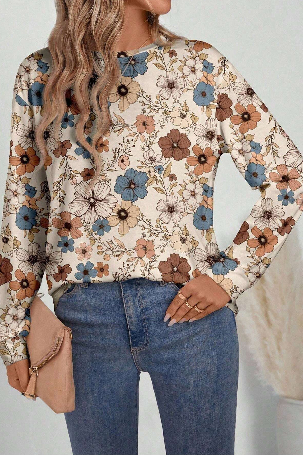 Khaki Allover Floral Print Crew Neck Long Sleeve Top