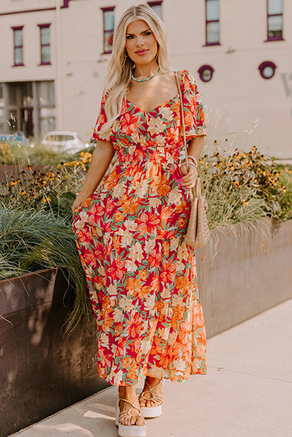 Orange Plus Size  Floral V Neck Cinched Waist Maxi Dress