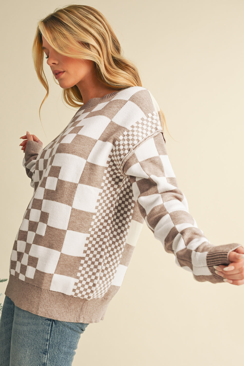 Black Checkered Drop Shoulder Round Neck Sweater