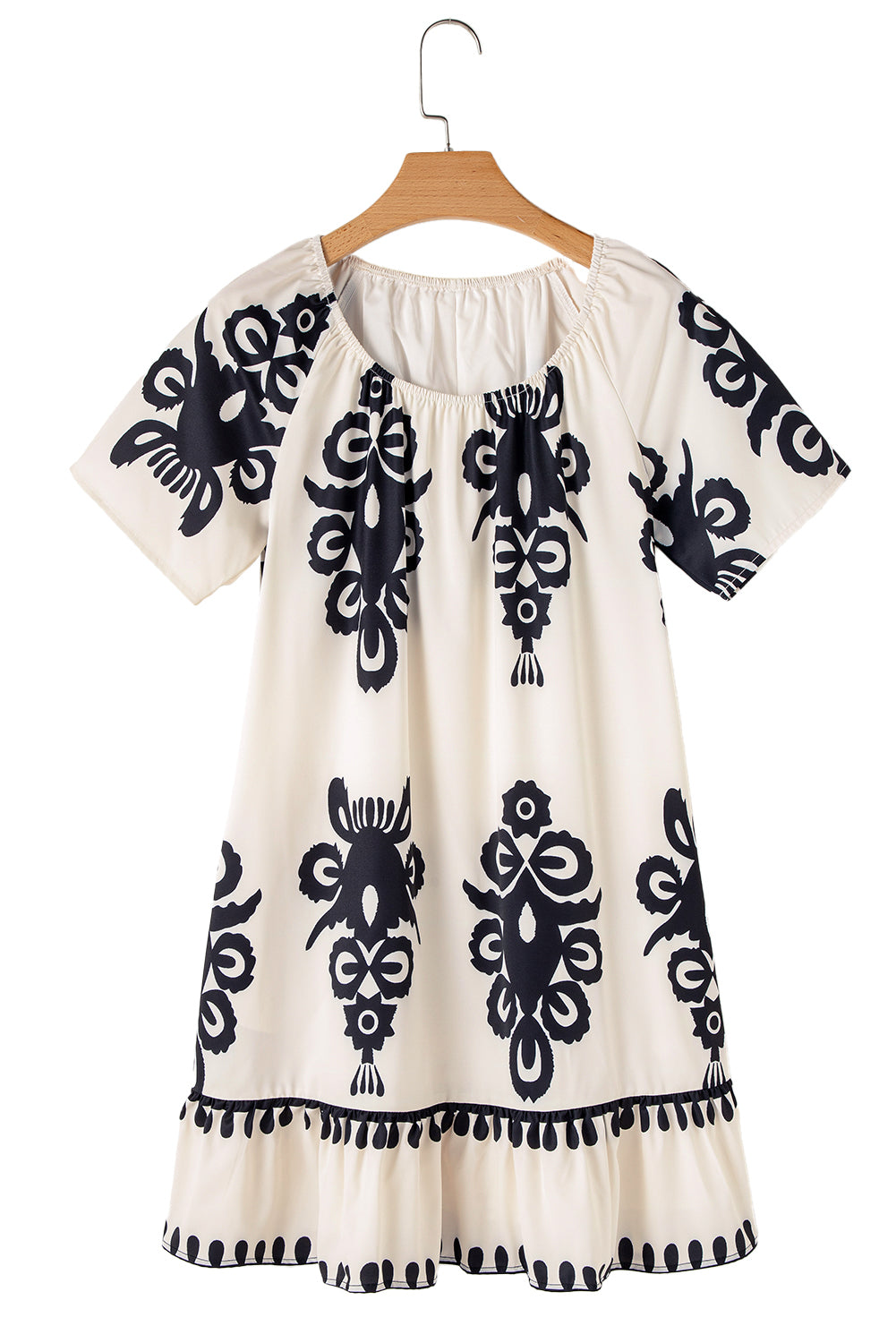 Apricot Ethnic Print Ruffle Hem Loose Mini Dress