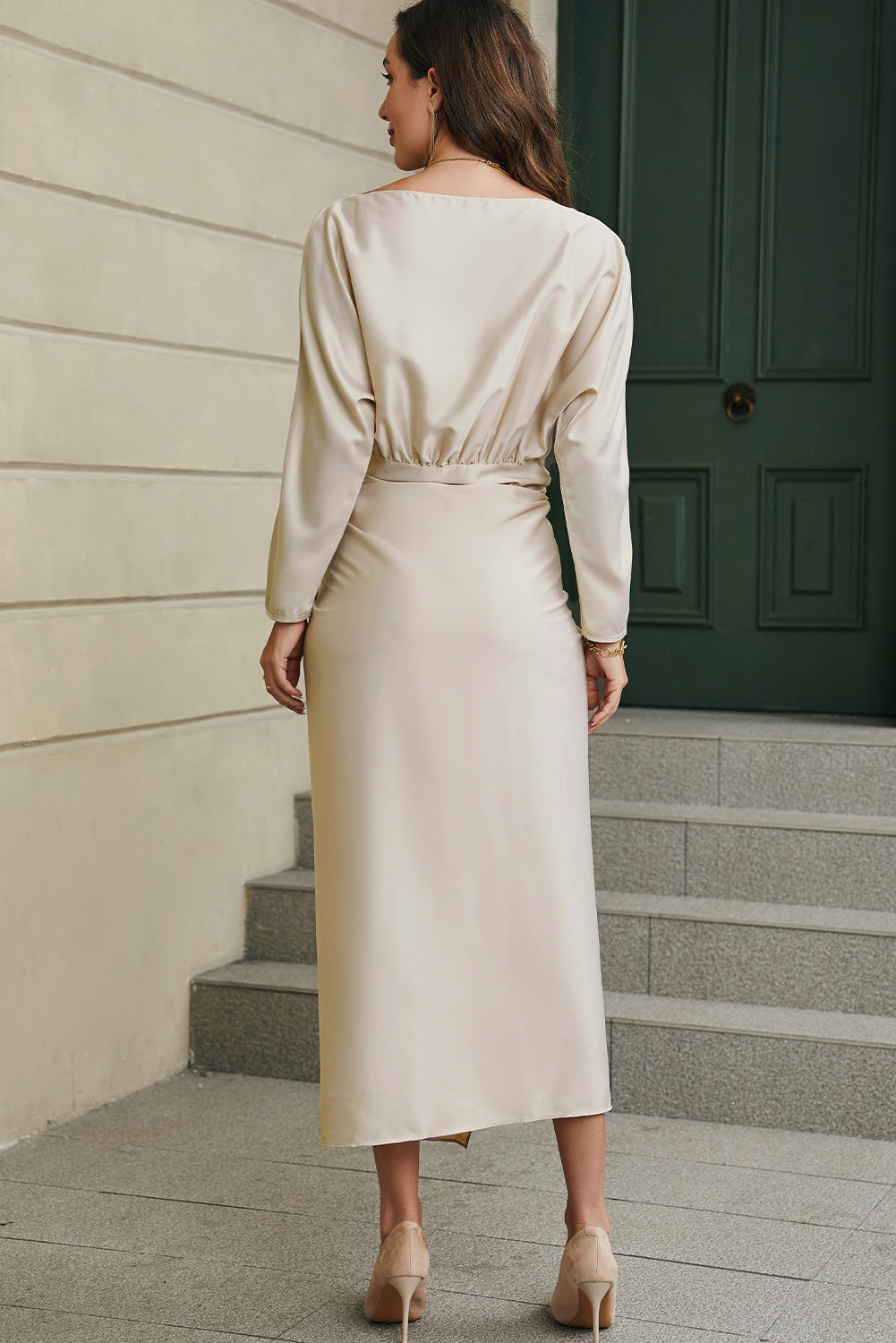 Apricot Satin Elegant Wrap Tie Side Boat Neck Long Sleeve Dress