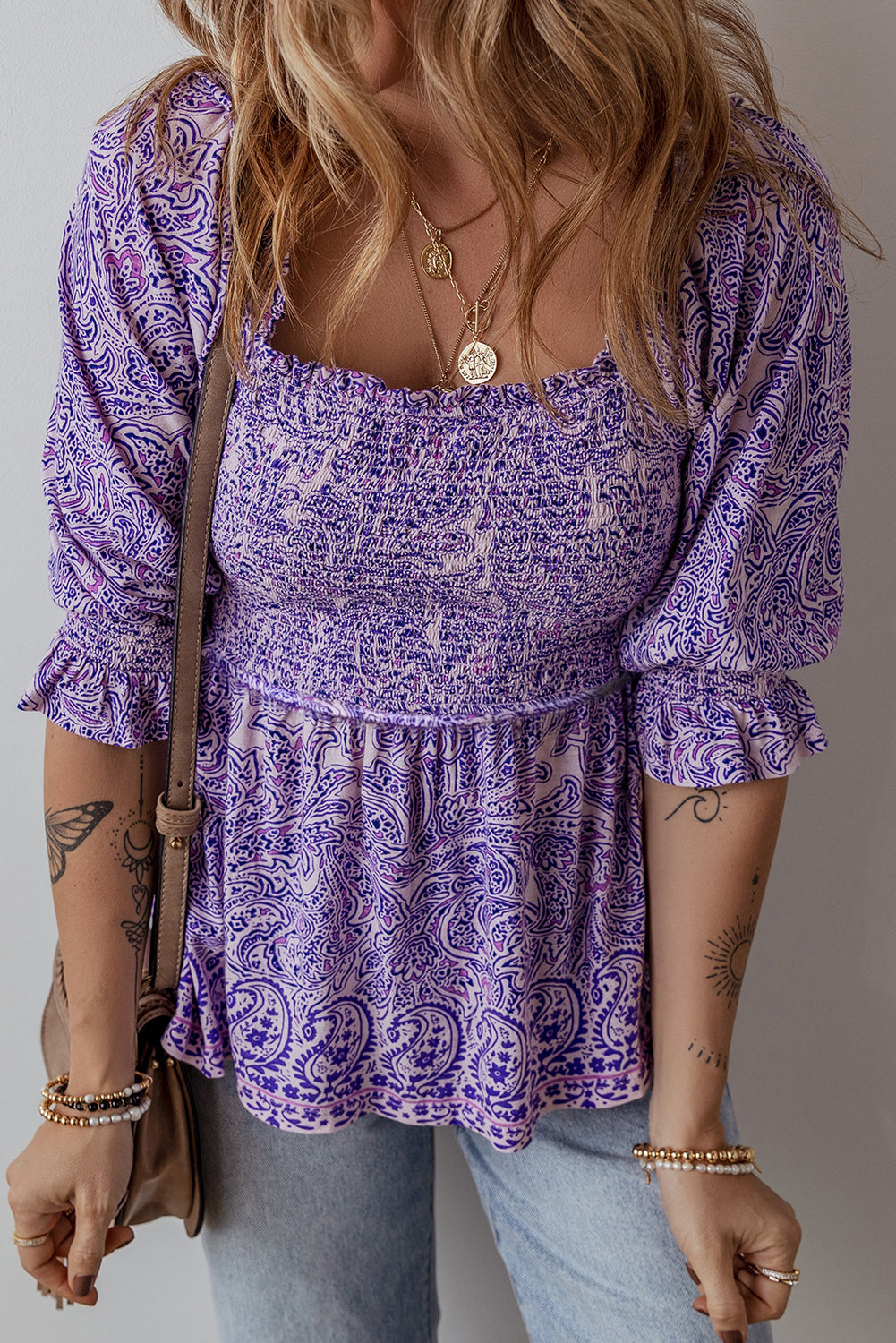 Purple Boho Paisley Print Half Sleeve Shirred Peplum Blouse