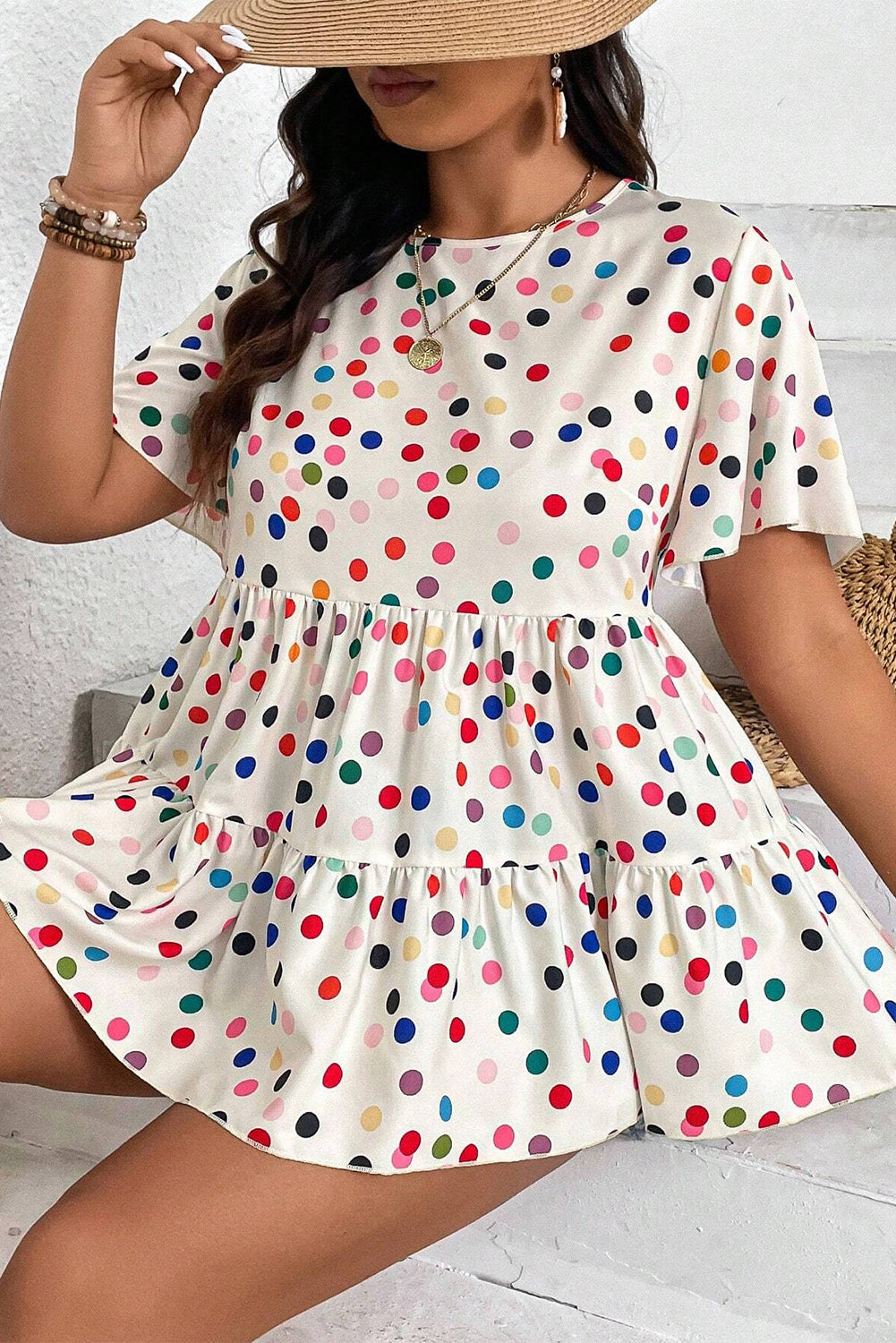 Beige Colorful Polka Dot Print Ruffle Plus Size Babydoll Blouse