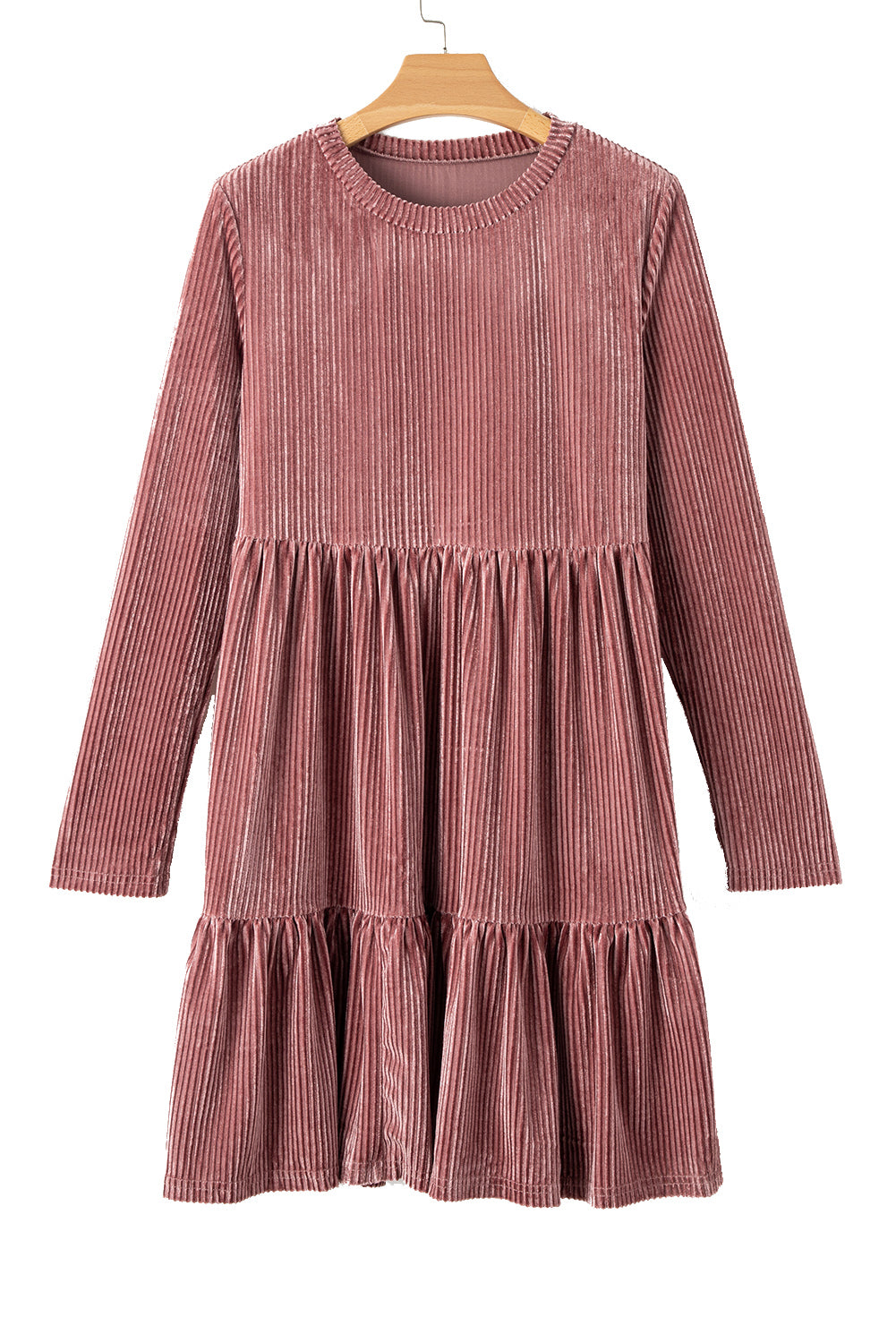 Apricot Pink Ribbed Tiered Velvet Mini Dress