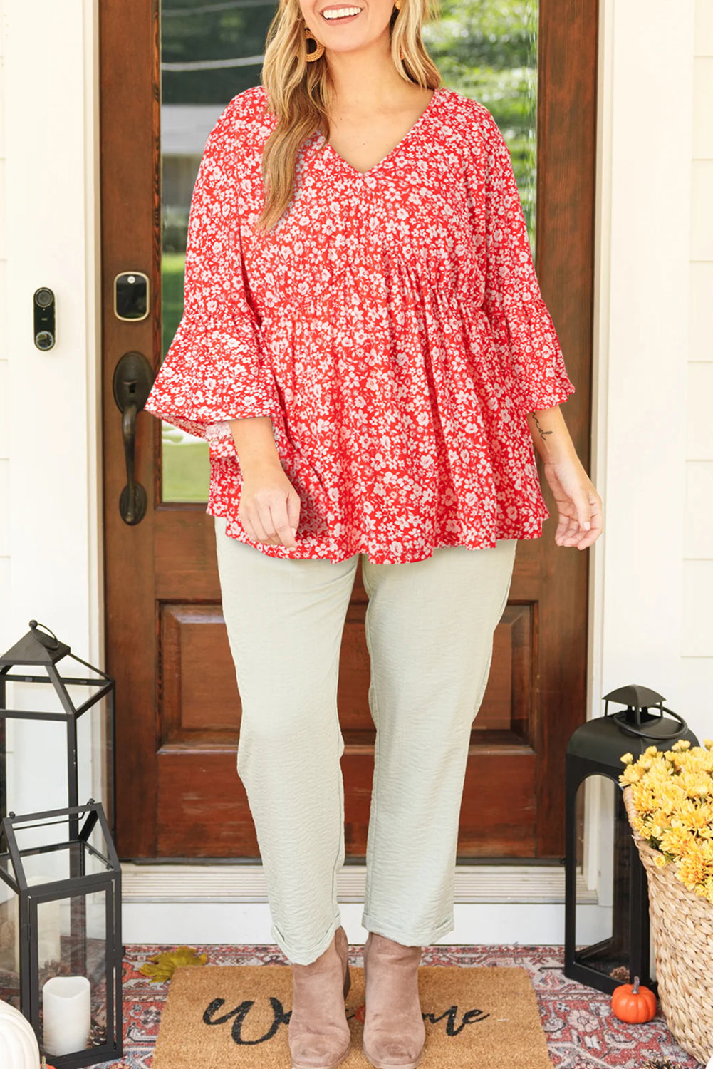 Red Plus Size Floral V Neck Flared Sleeve Blouse