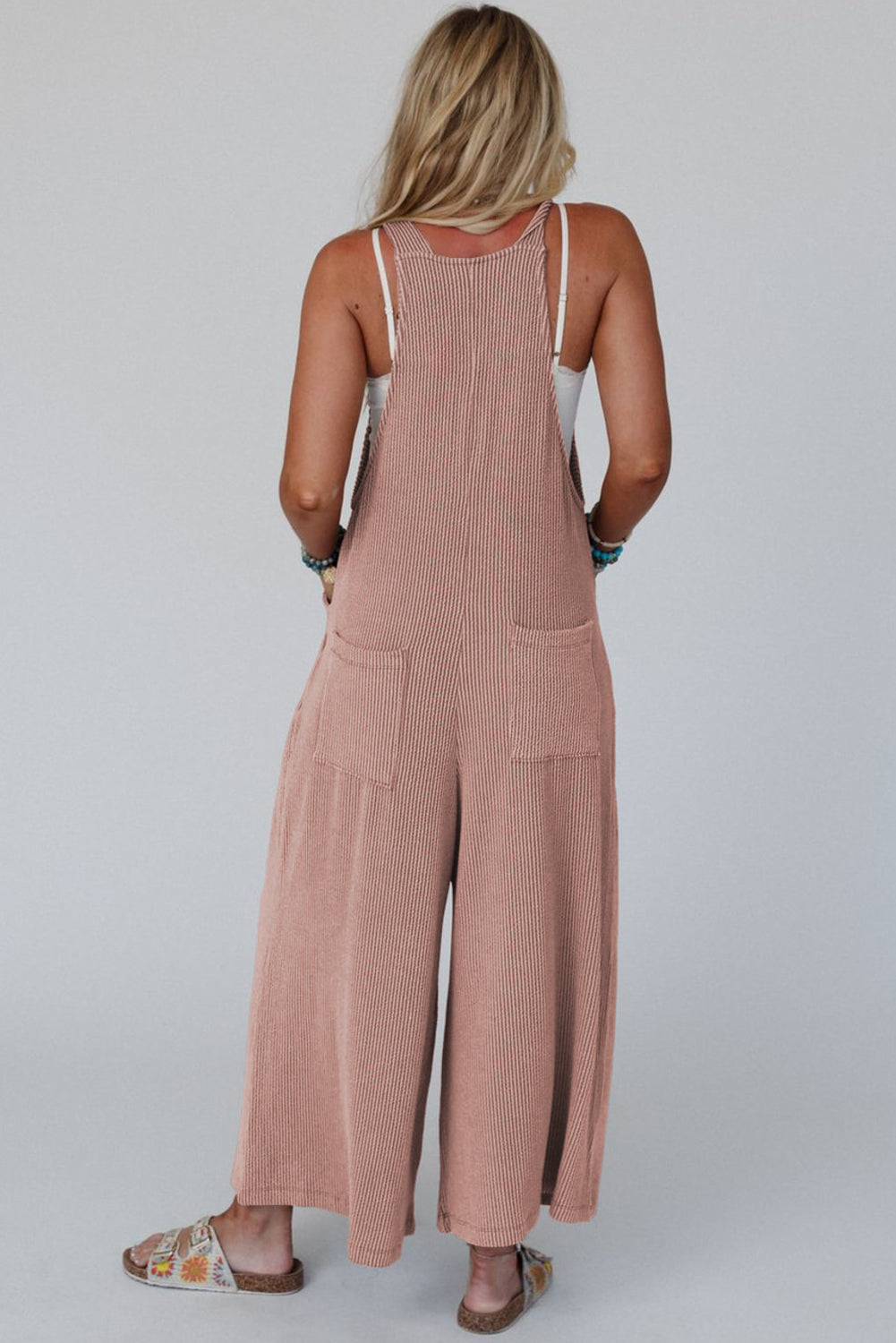 Philippine Gray Corded Solid Adjustable Straps Wide Leg Loose Jumpsuit