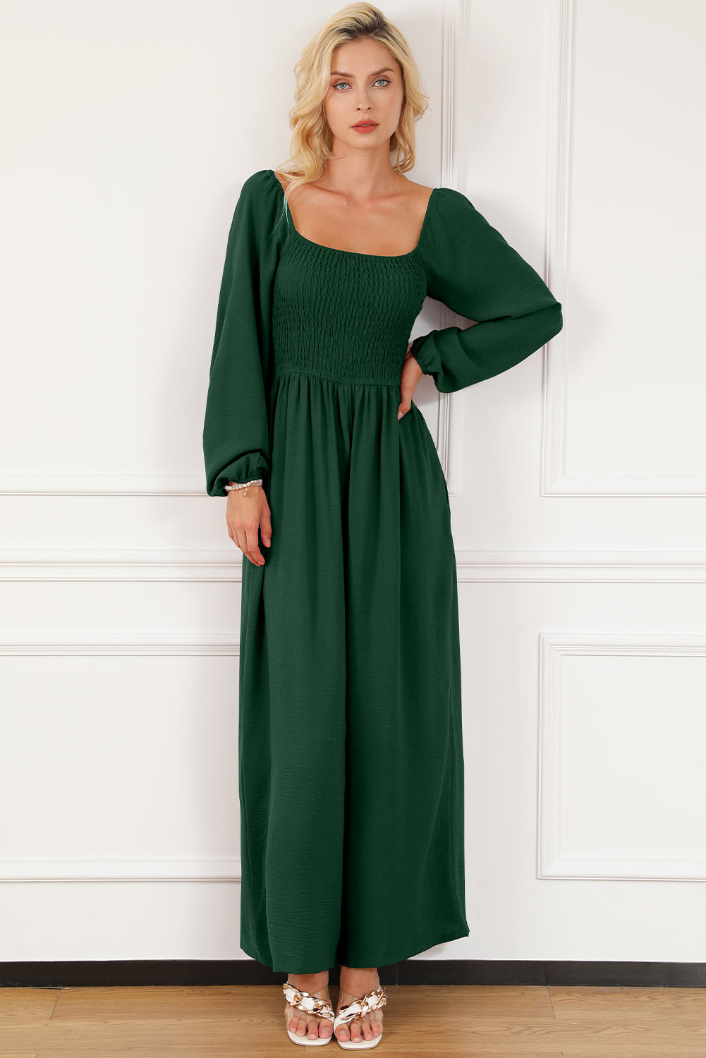 Green Smocked Square Neck Long Sleeve Wide Leg Jumpsuit