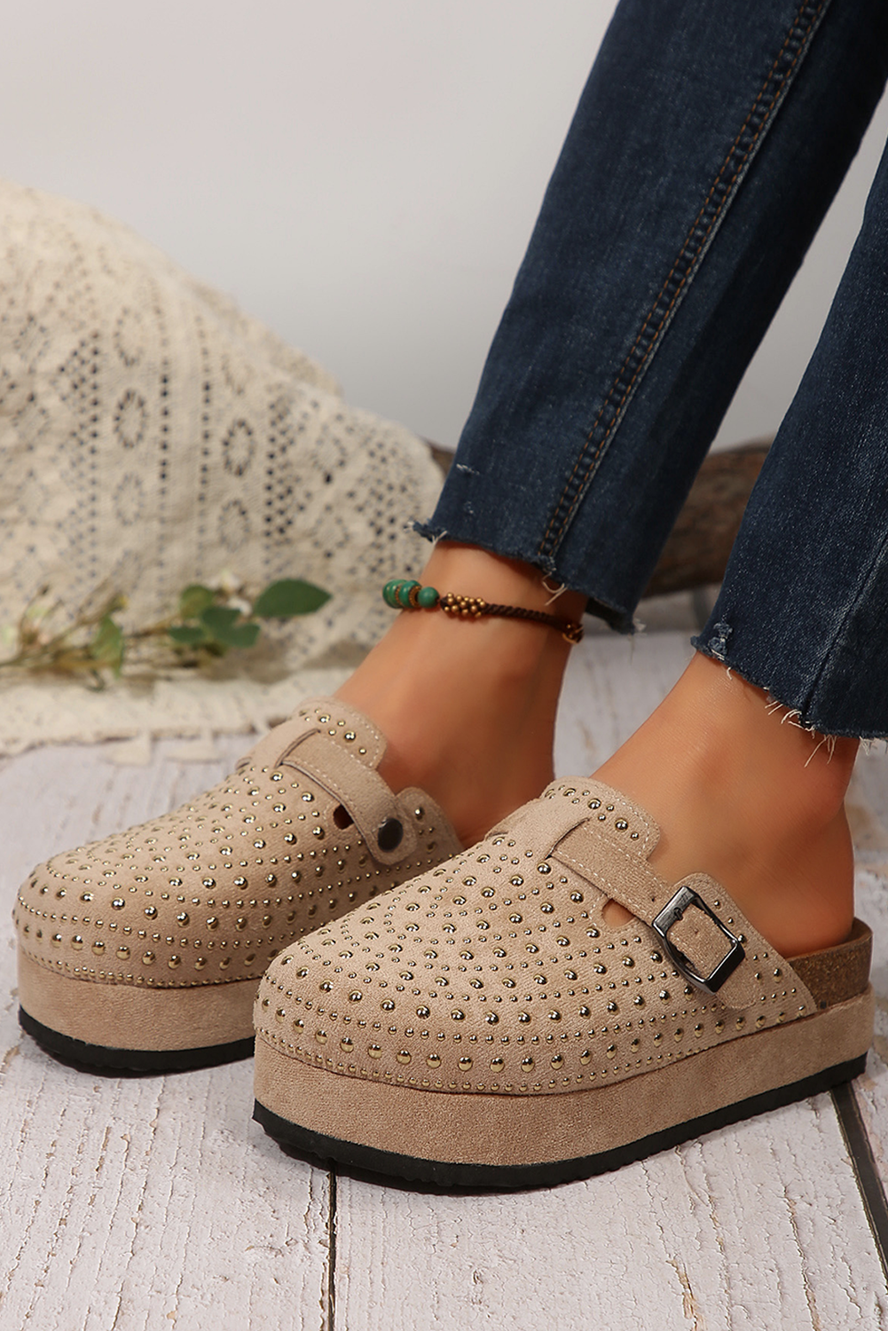 Parchment Vintage Studded Platform Slippers