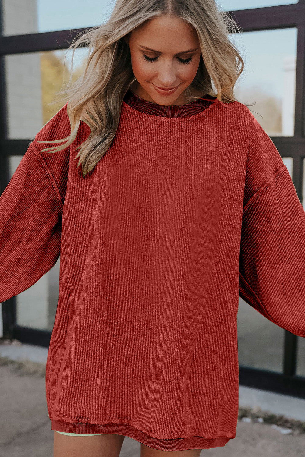 Apricot Drop Shoulder Crinkle Rib Oversized Sweatshirt