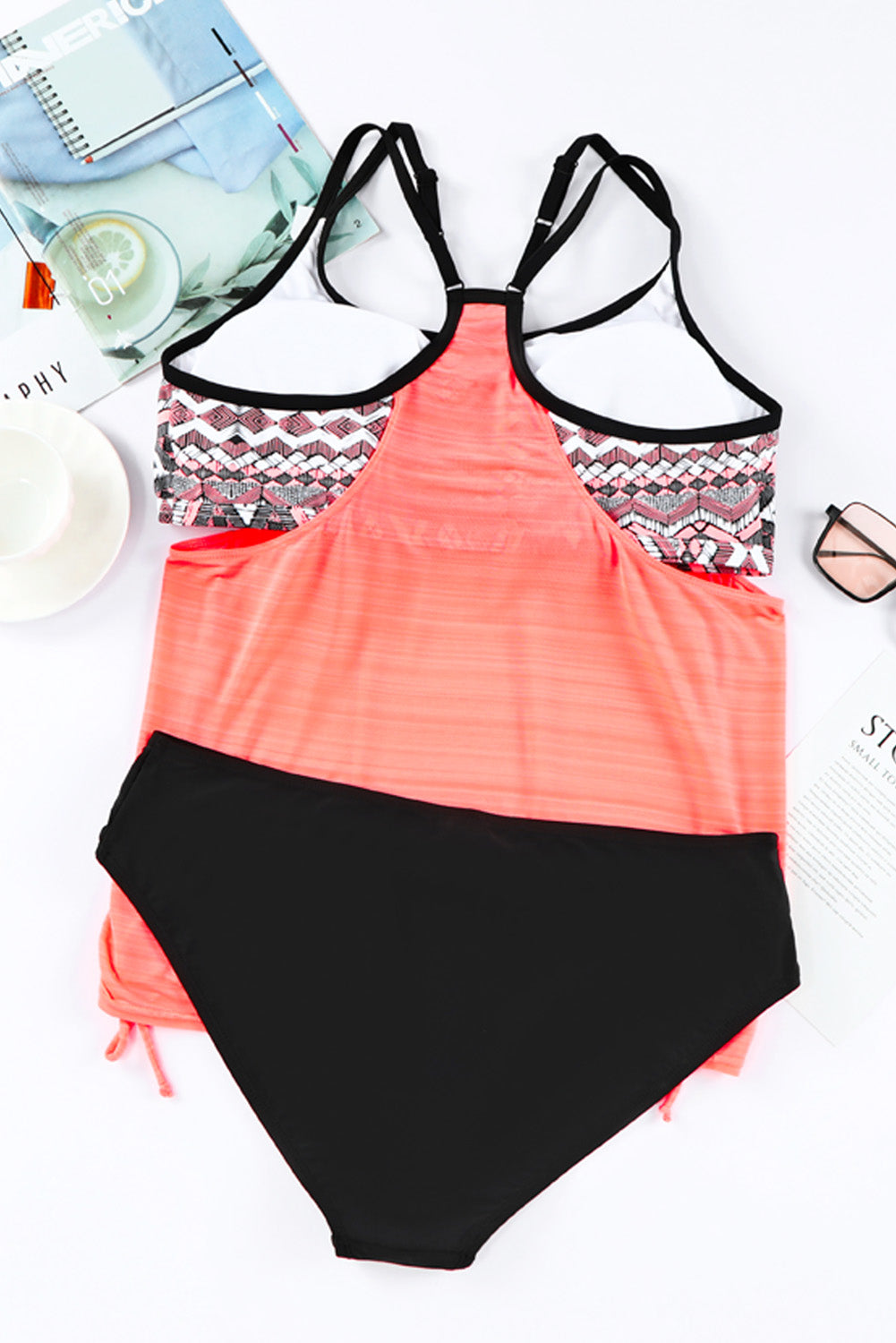 Pink Geometric Print Lined Racerback Tankini Swimsuit