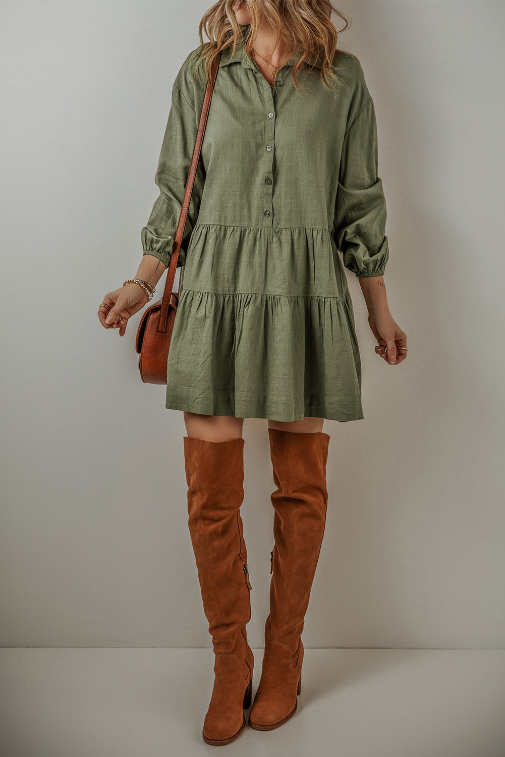 Jungle Green Puff Sleeve Buttoned Tiered Pleated Mini Shirt Dress