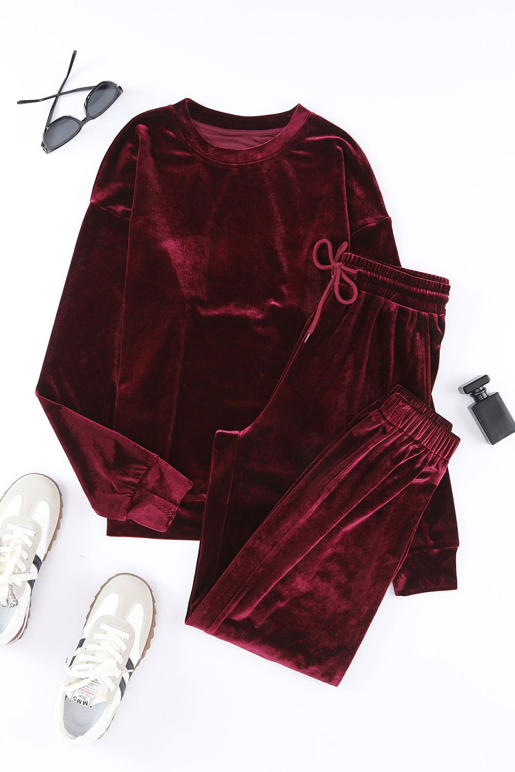 Red Solid Velvet Round Neck Top & Drawstring Pants Lounge Set