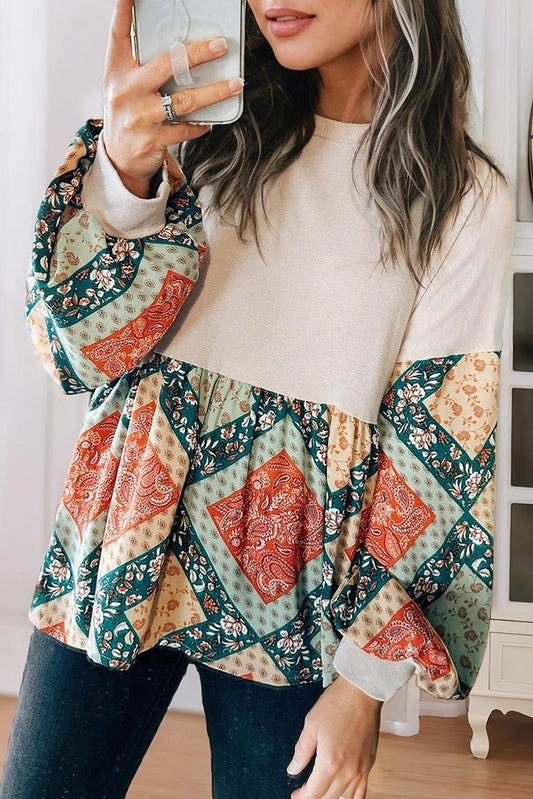 Jet Stream Paisley Geometric Patchwork Loose Fit Blouse