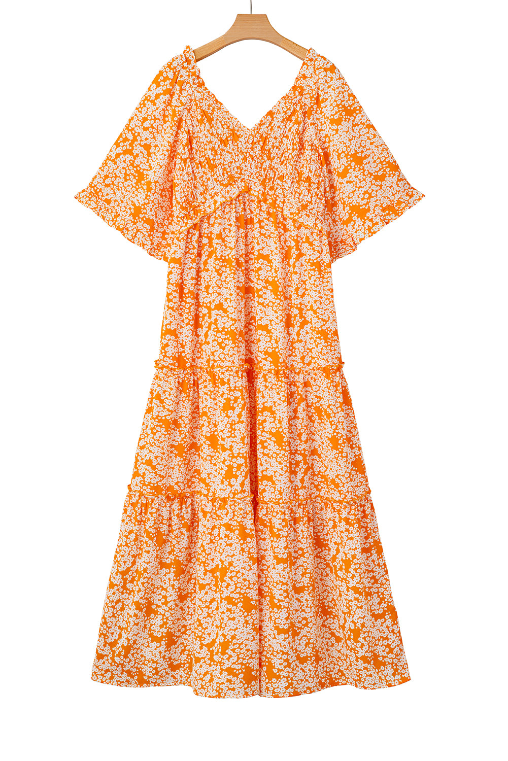 Orange Floral Print Smocked V Neck Bell Sleeve Maxi Dress