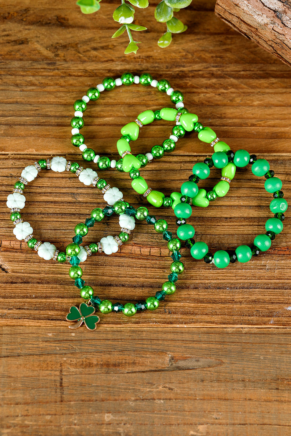 Green St Patricks Day 5pcs Clover Pendant Beaded Bracelet Set