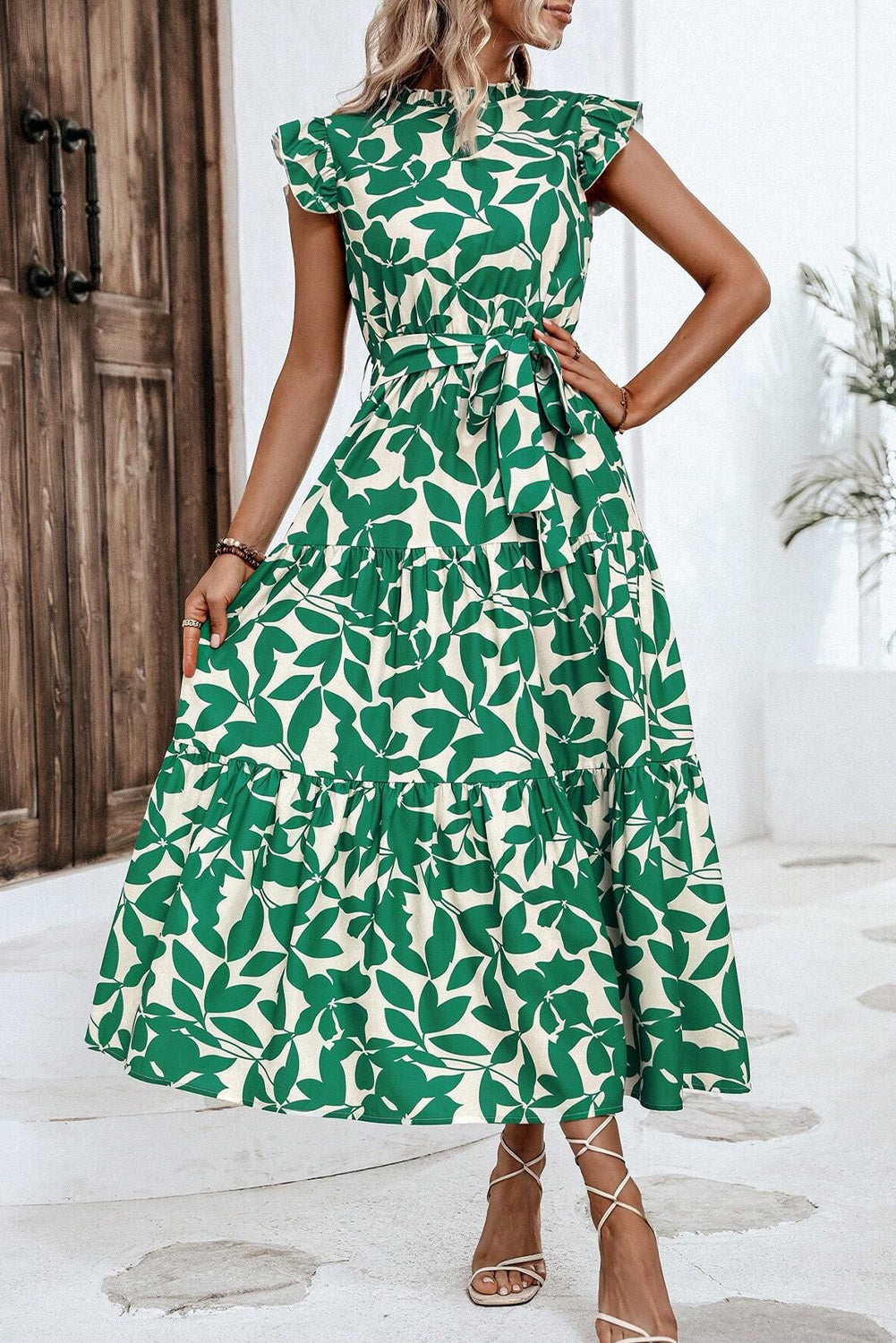 Green Leaf Print Ruffle Mock Neck High Waist Sleeveless Dress