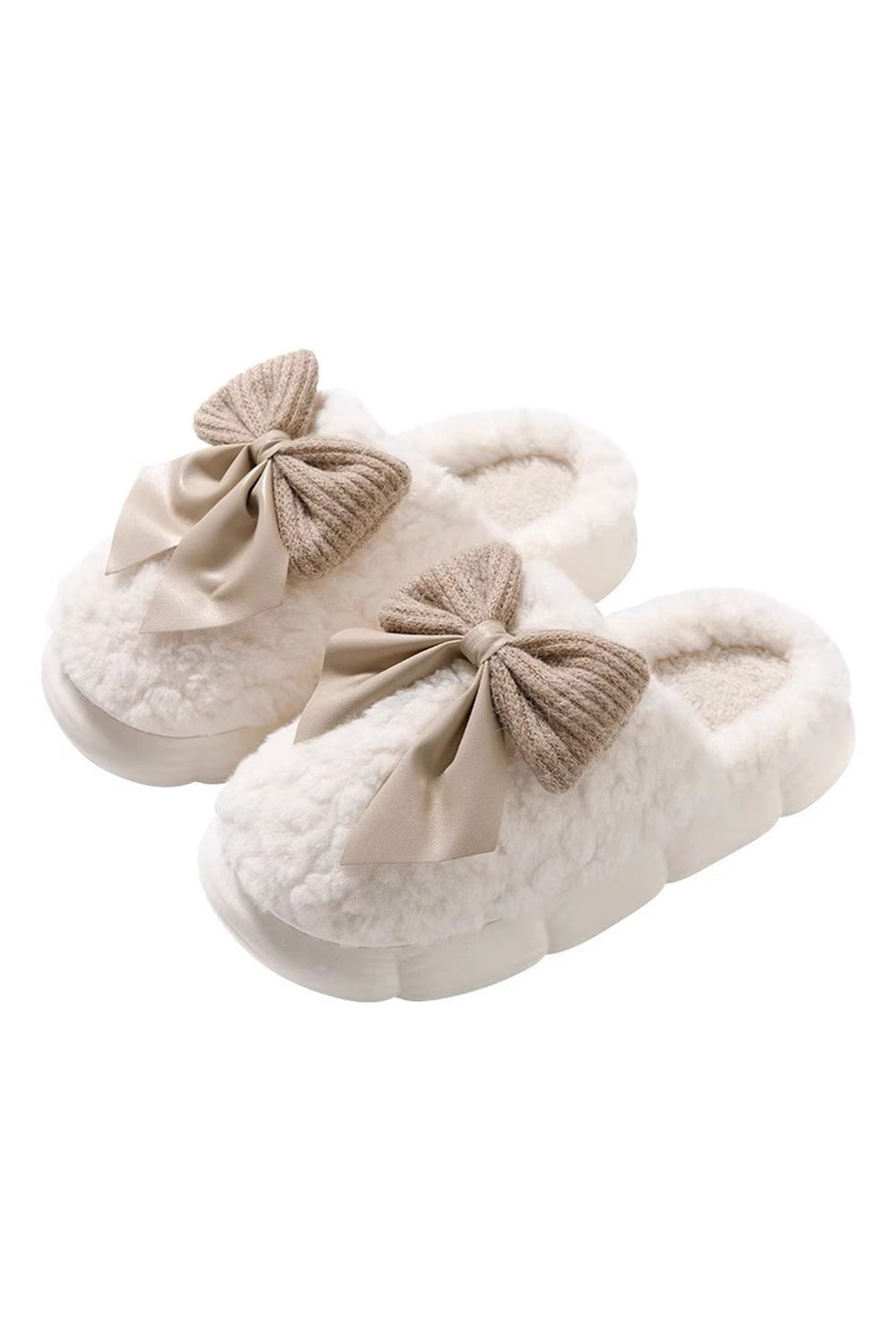 Pink Contrast Bowknot Applique Plush Winter Slippers