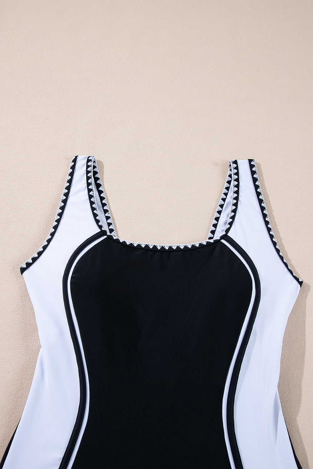 Black Color Block Ric Rac Trim U Neck One Piece Swimsuit