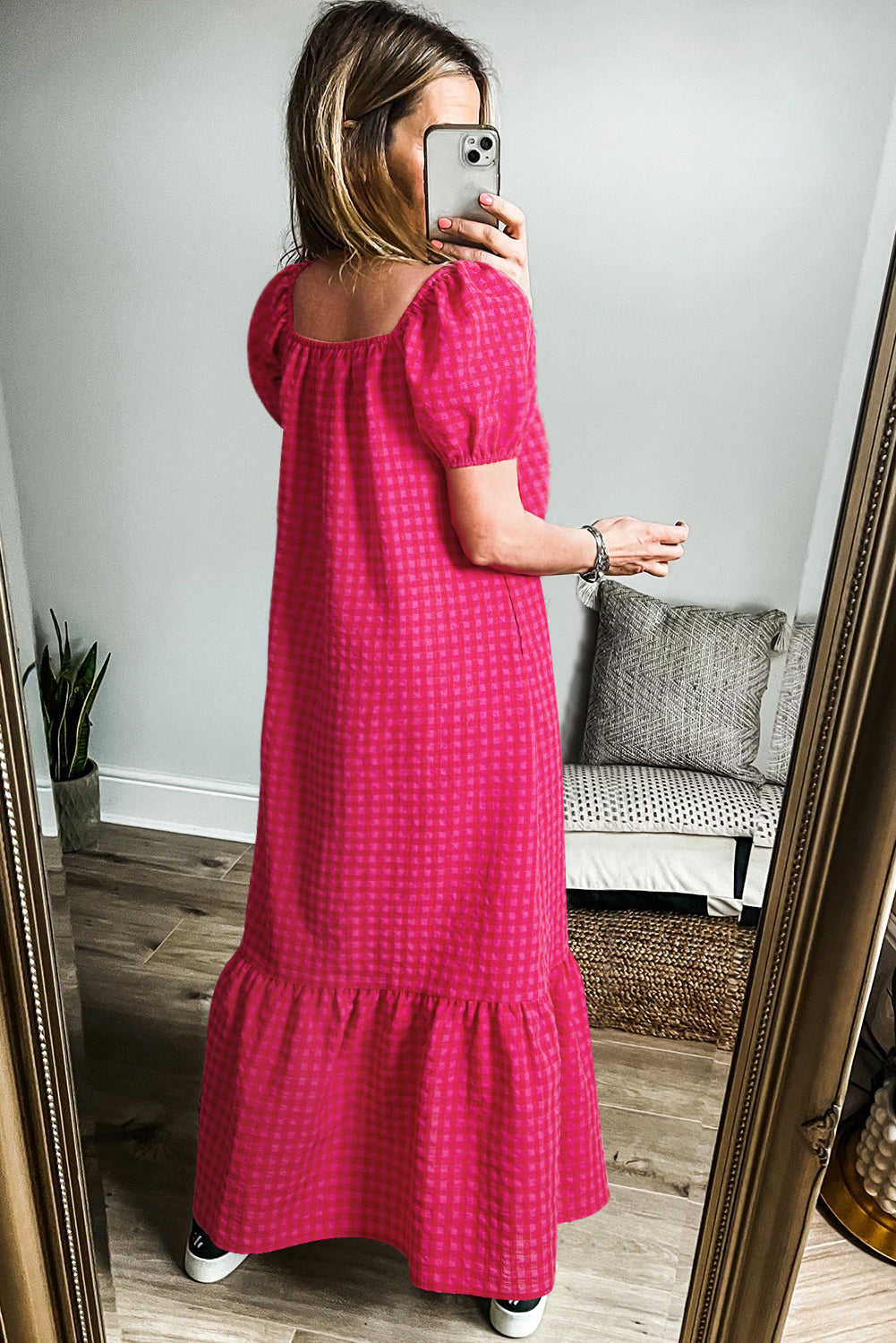 Rose Plaid Square Neck Puff Sleeve Maxi Dress