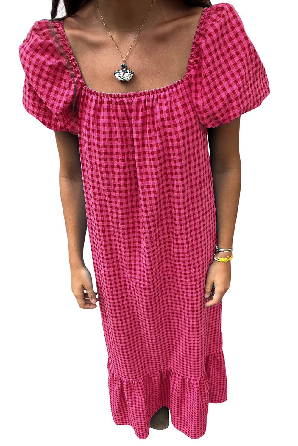 Rose Plaid Square Neck Puff Sleeve Maxi Dress